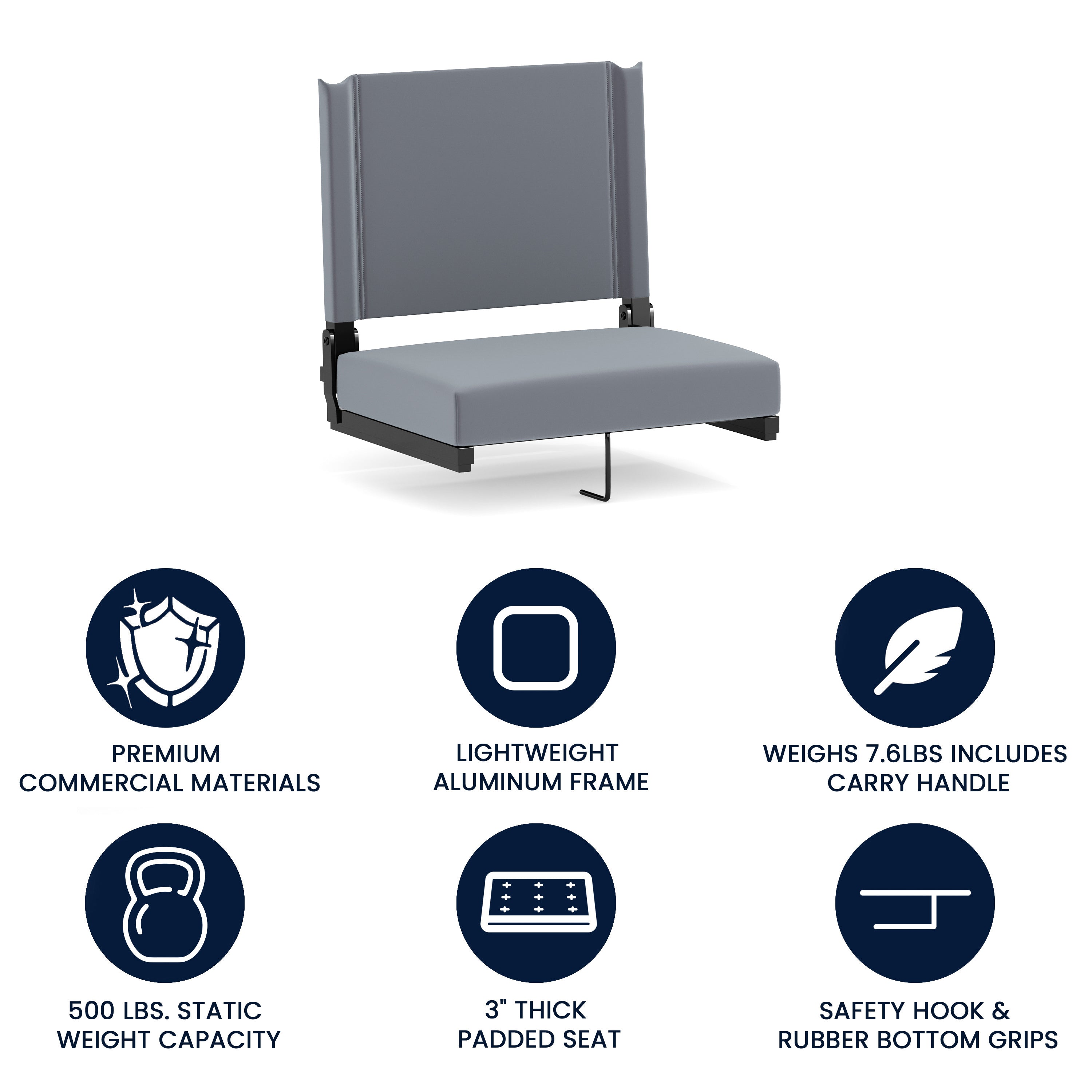 Grandstand Comfort 500 lb Capacity Padded Stadium Chairs, Folding Seats with Handles, Lightweight & Durable, Gray