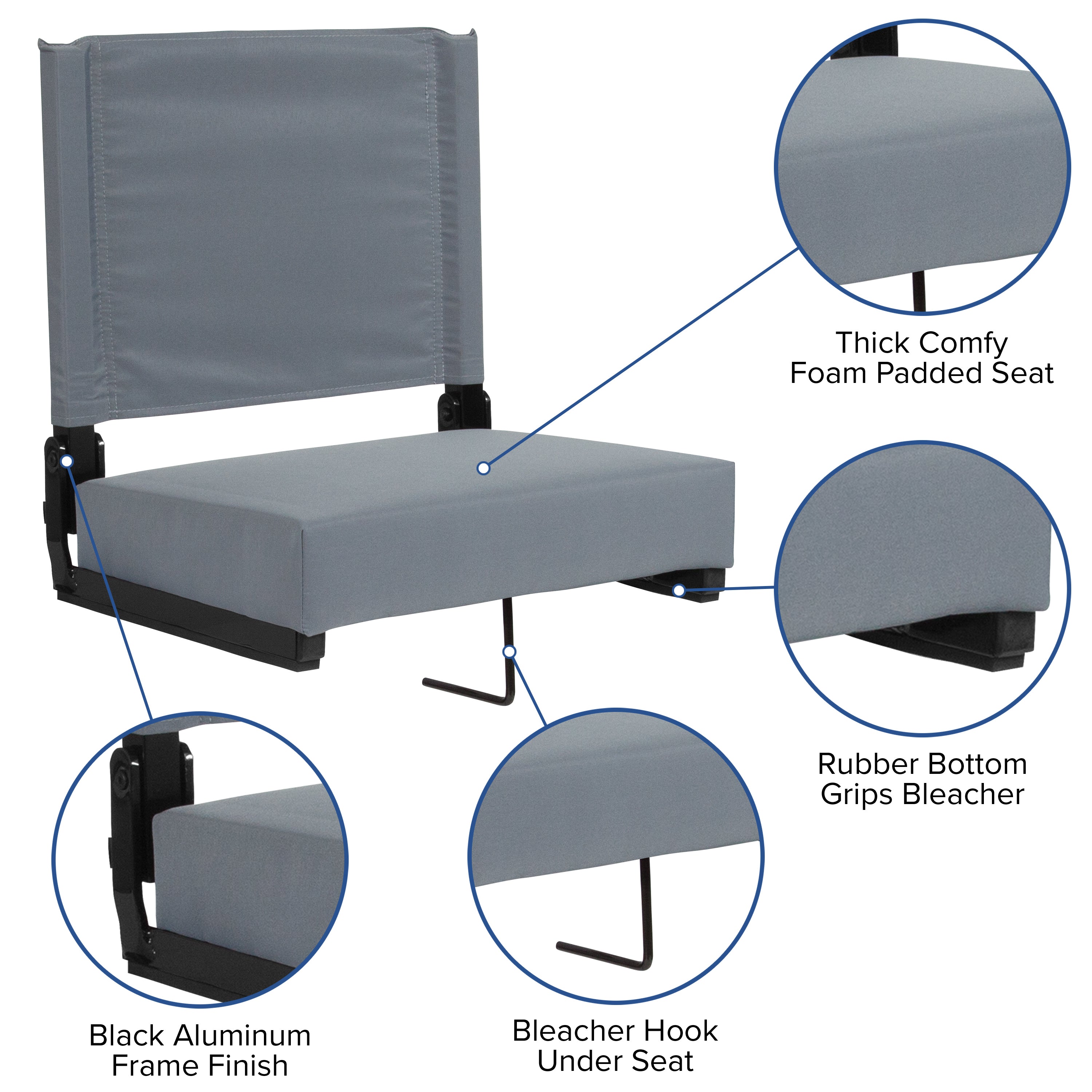 Grandstand Comfort 500 lb Capacity Padded Stadium Chairs, Folding Seats with Handles, Lightweight & Durable, Gray