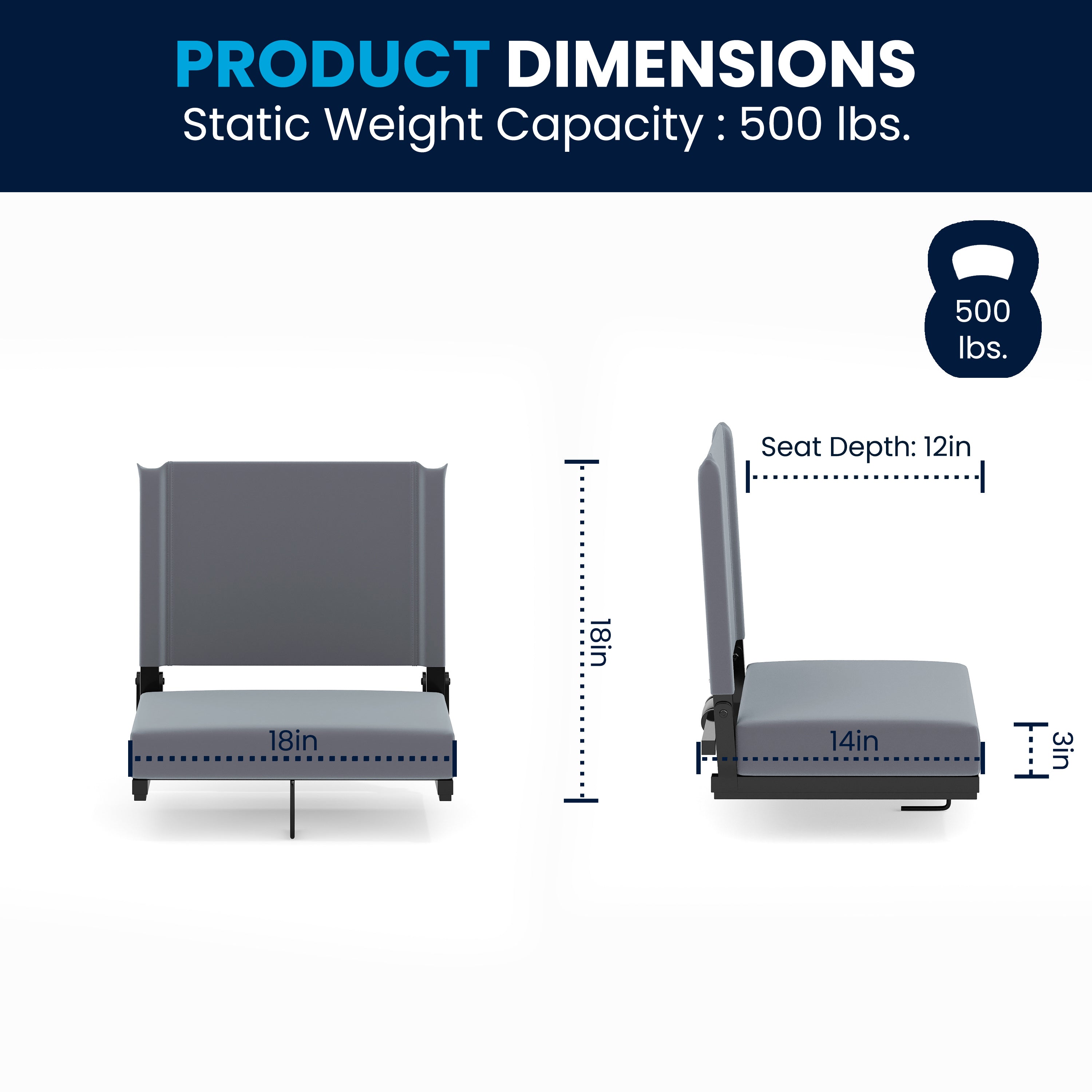 Grandstand Comfort 500 lb Capacity Padded Stadium Chairs, Folding Seats with Handles, Lightweight & Durable, Gray