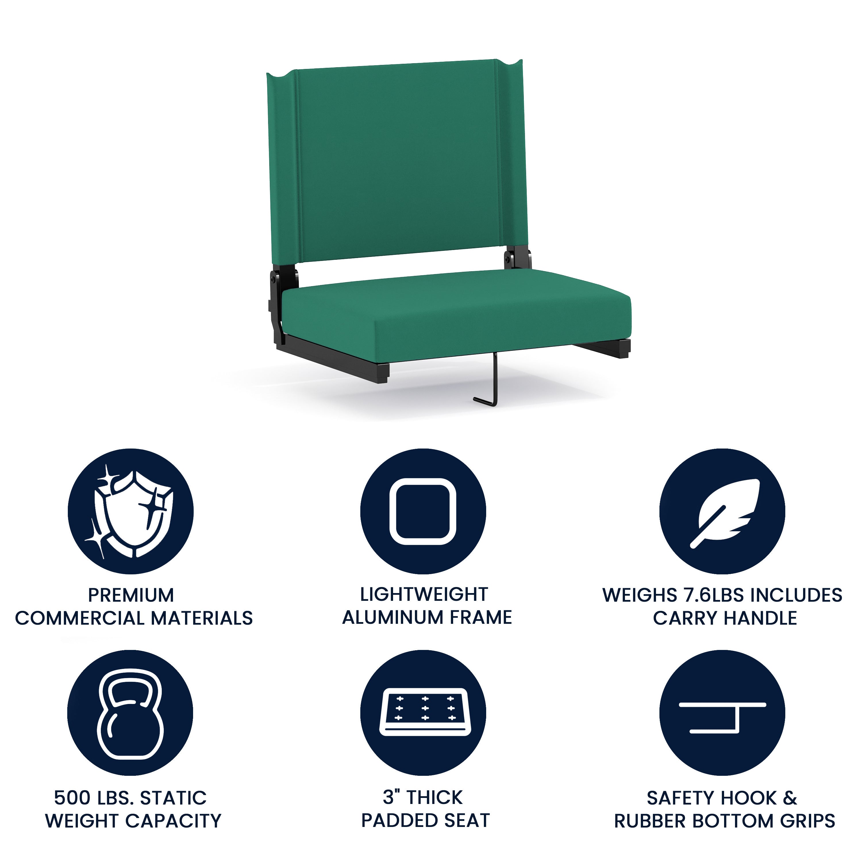Grandstand Comfort 500 lb Capacity Padded Stadium Chairs, Folding Seats with Handles, Lightweight & Durable, Hunter Green