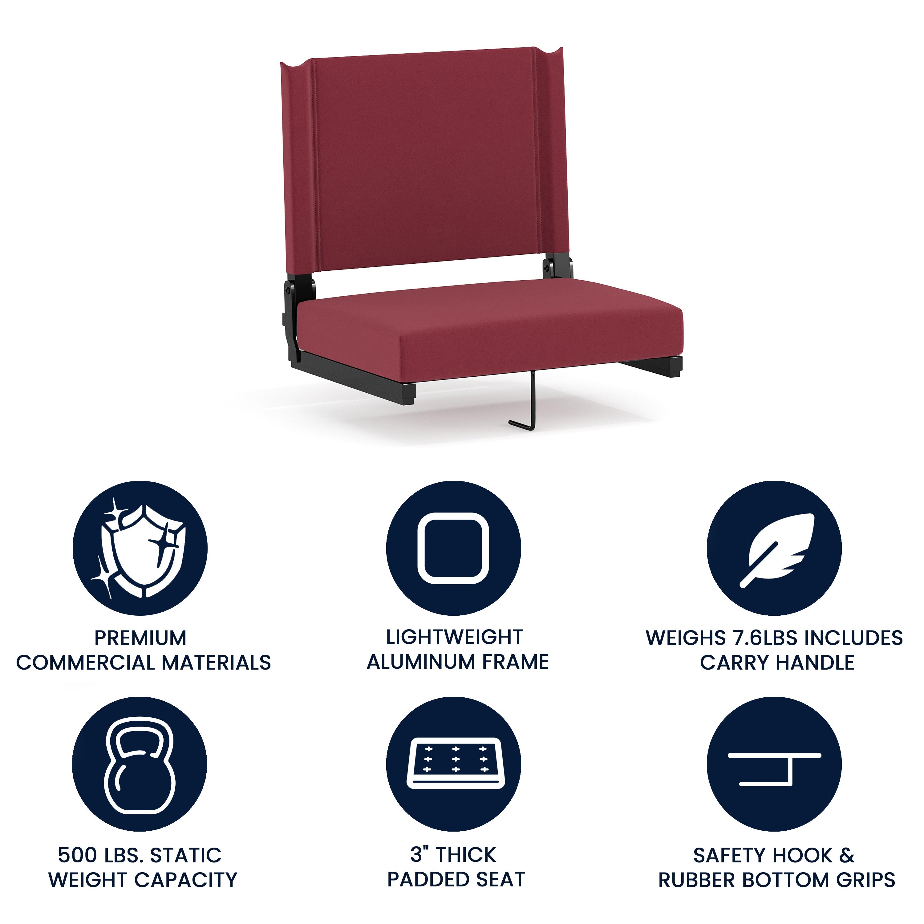Grandstand Comfort 500 lb Capacity Padded Stadium Chairs, Folding Seats with Handles, Lightweight & Durable, Maroon