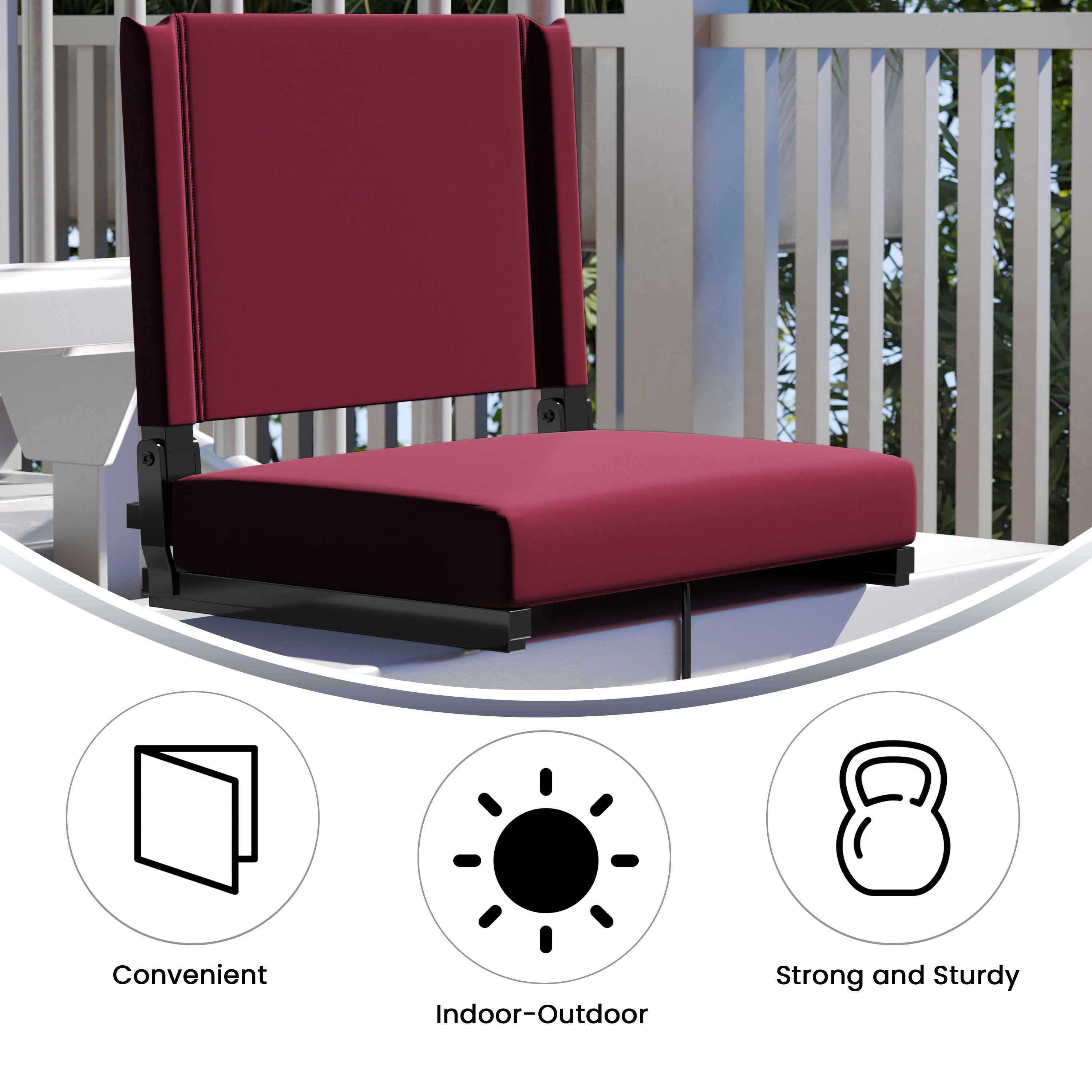 Grandstand Comfort 500 lb Capacity Padded Stadium Chairs, Folding Seats with Handles, Lightweight & Durable, Maroon