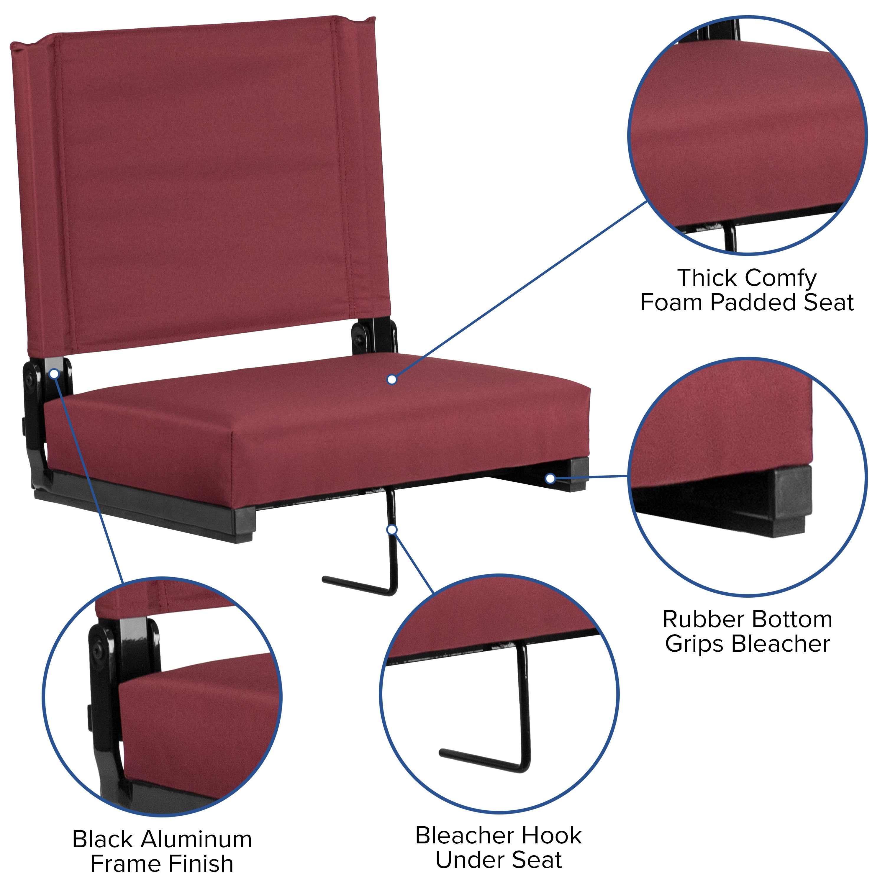 Grandstand Comfort 500 lb Capacity Padded Stadium Chairs, Folding Seats with Handles, Lightweight & Durable, Maroon