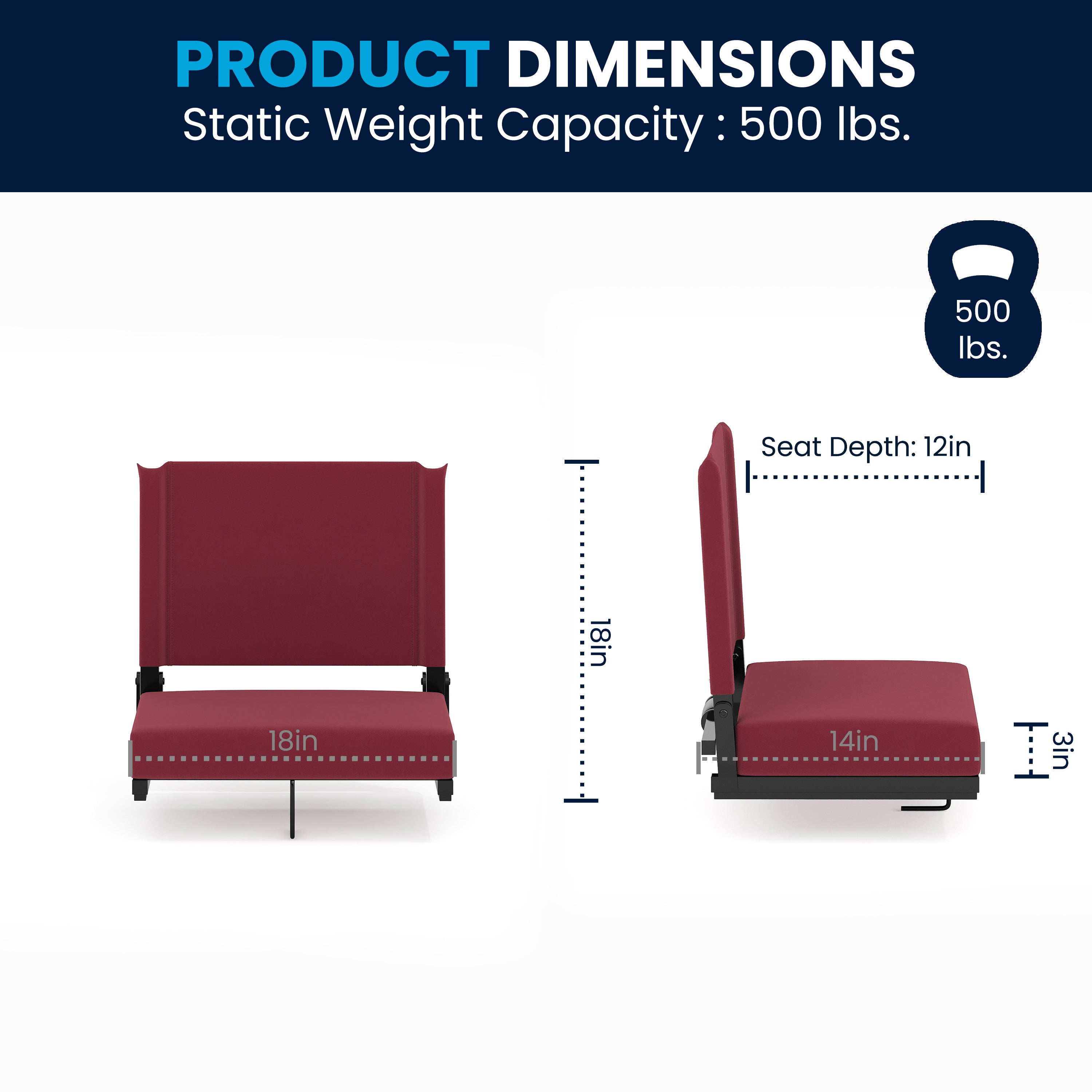 Grandstand Comfort 500 lb Capacity Padded Stadium Chairs, Folding Seats with Handles, Lightweight & Durable, Maroon