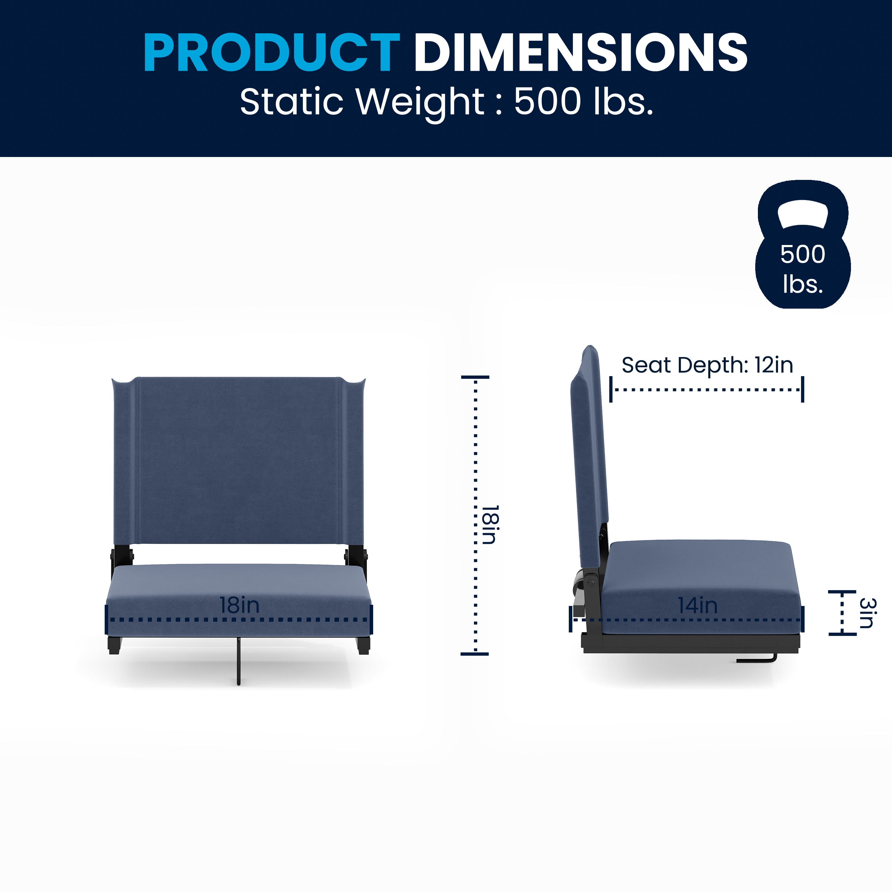 Grandstand Comfort Stadium Seat with Handle, 500 lb Rated, Padded Cushions, Foldable & Lightweight for Bleachers & Outdoor Events, Navy Blue