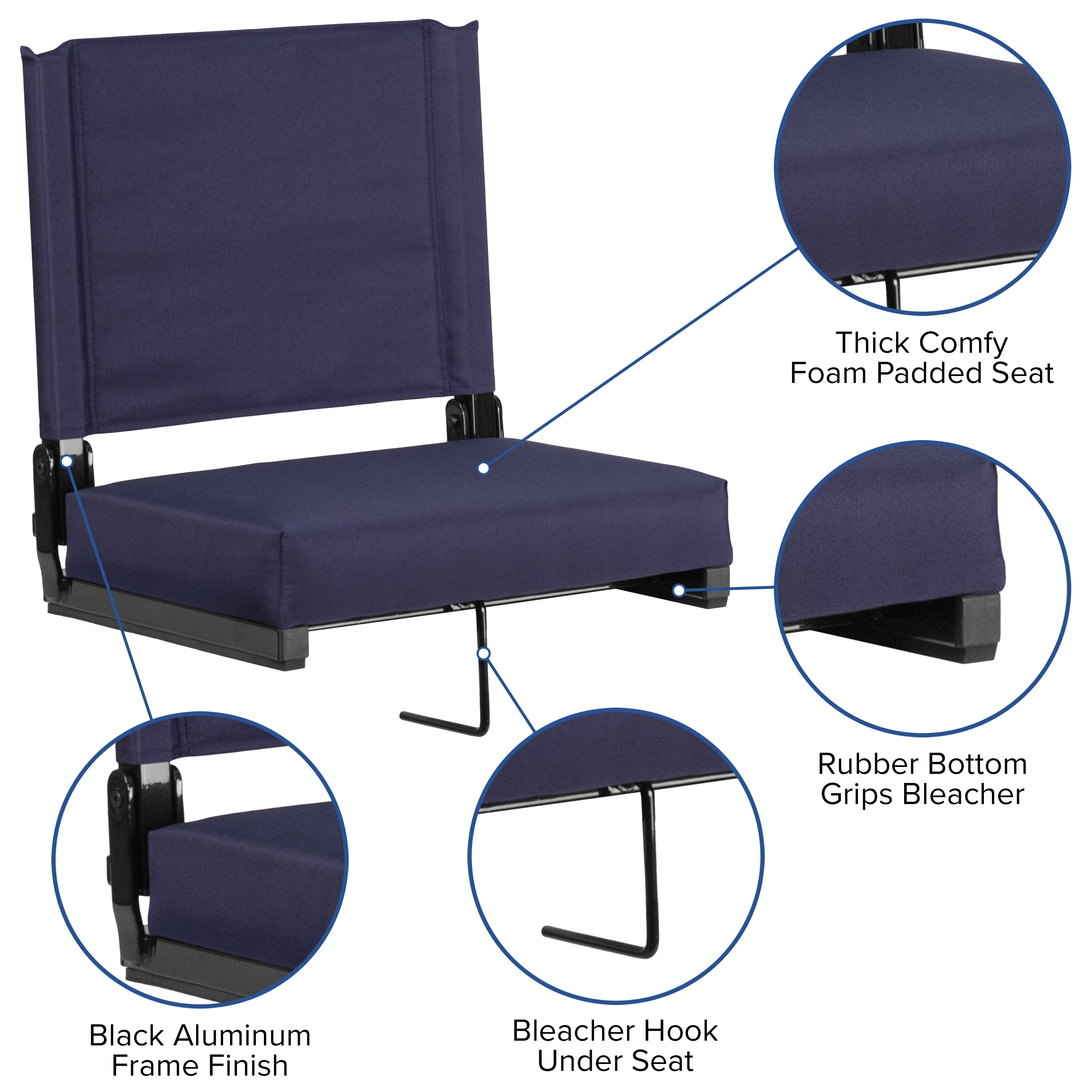 Grandstand Comfort 500 lb Capacity Padded Stadium Chairs, Folding Seats with Handles, Lightweight & Durable, Navy