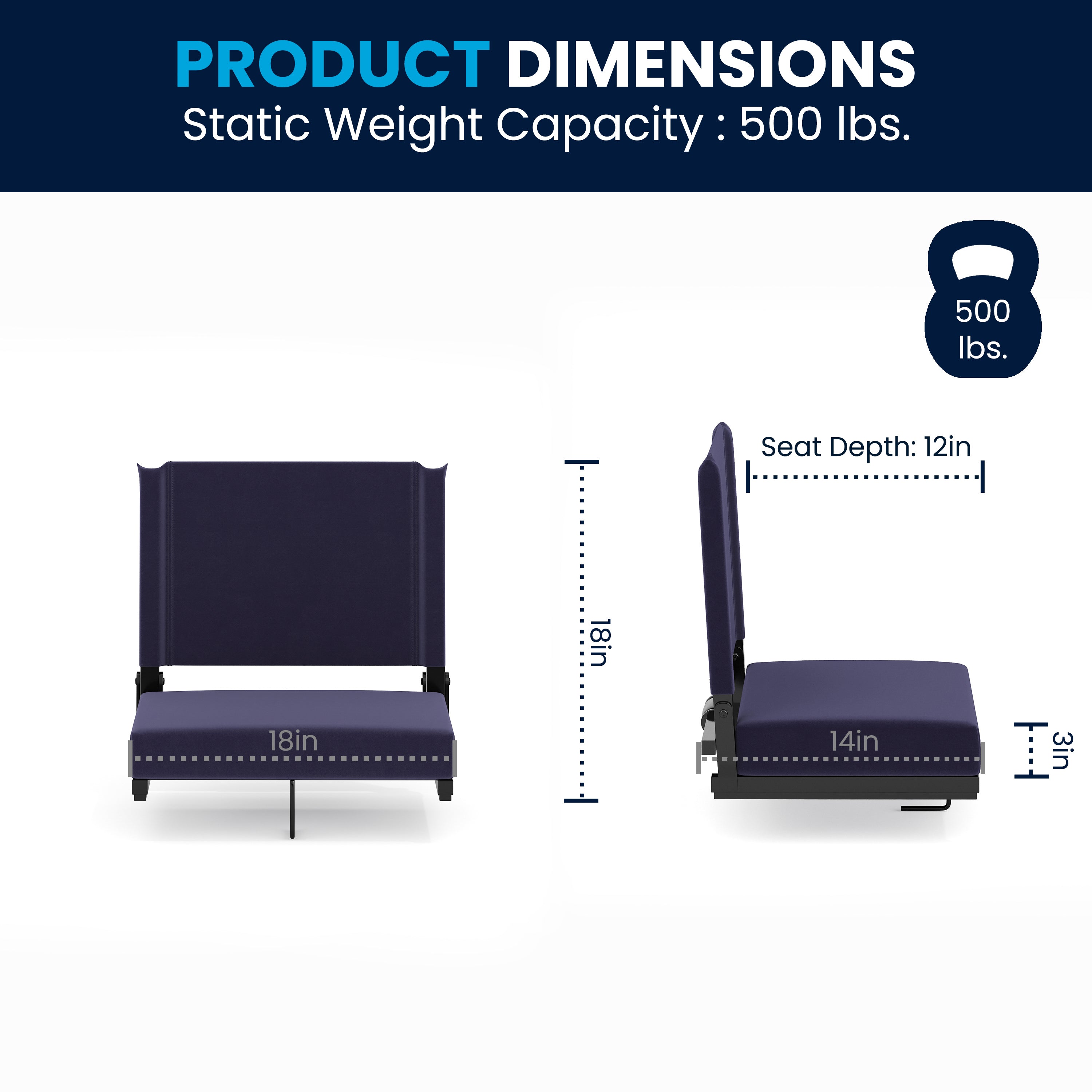 Grandstand Comfort 500 lb Capacity Padded Stadium Chairs, Folding Seats with Handles, Lightweight & Durable, Navy