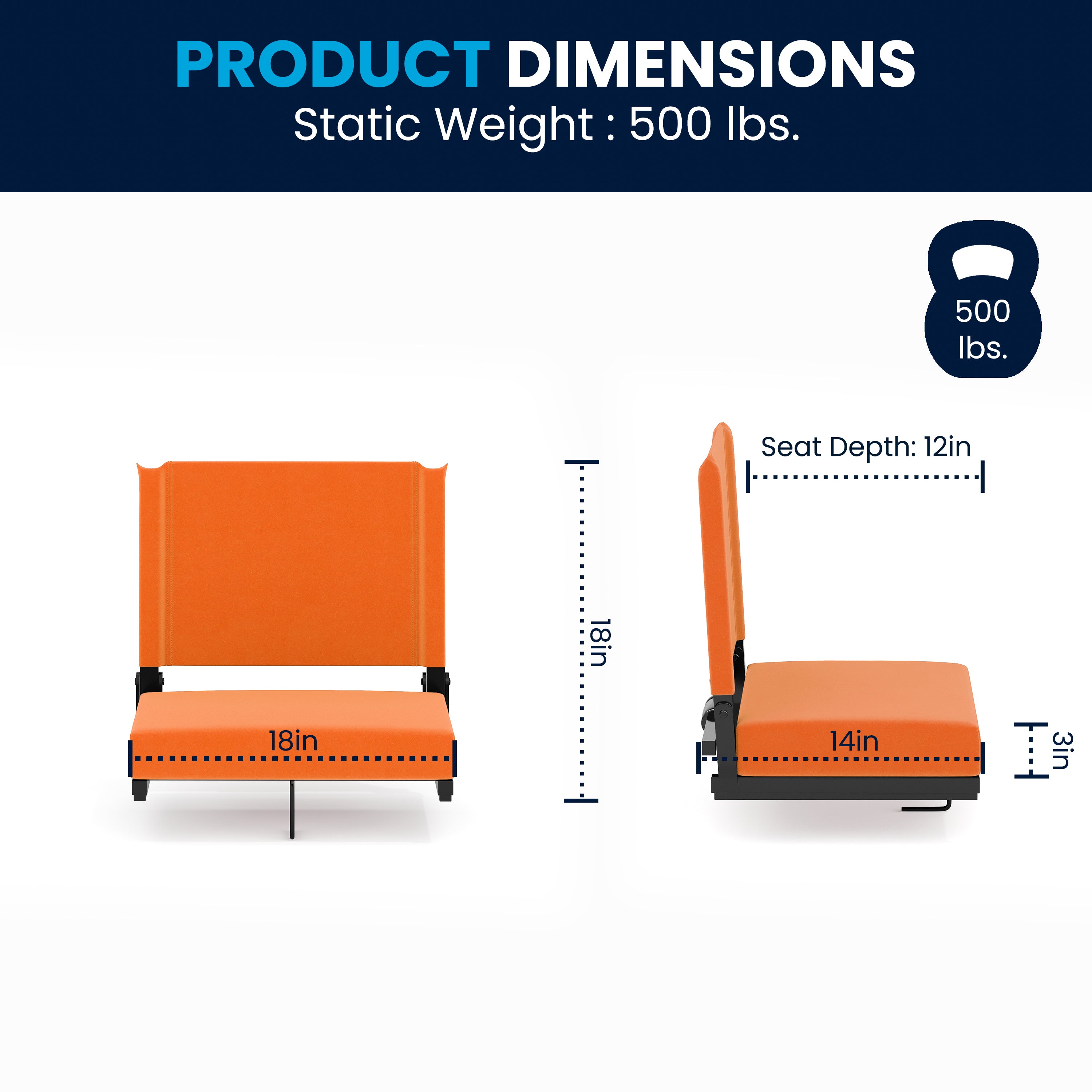Grandstand Comfort 500 lb Capacity Padded Stadium Chairs, Folding Seats with Handles, Lightweight & Durable, Orange