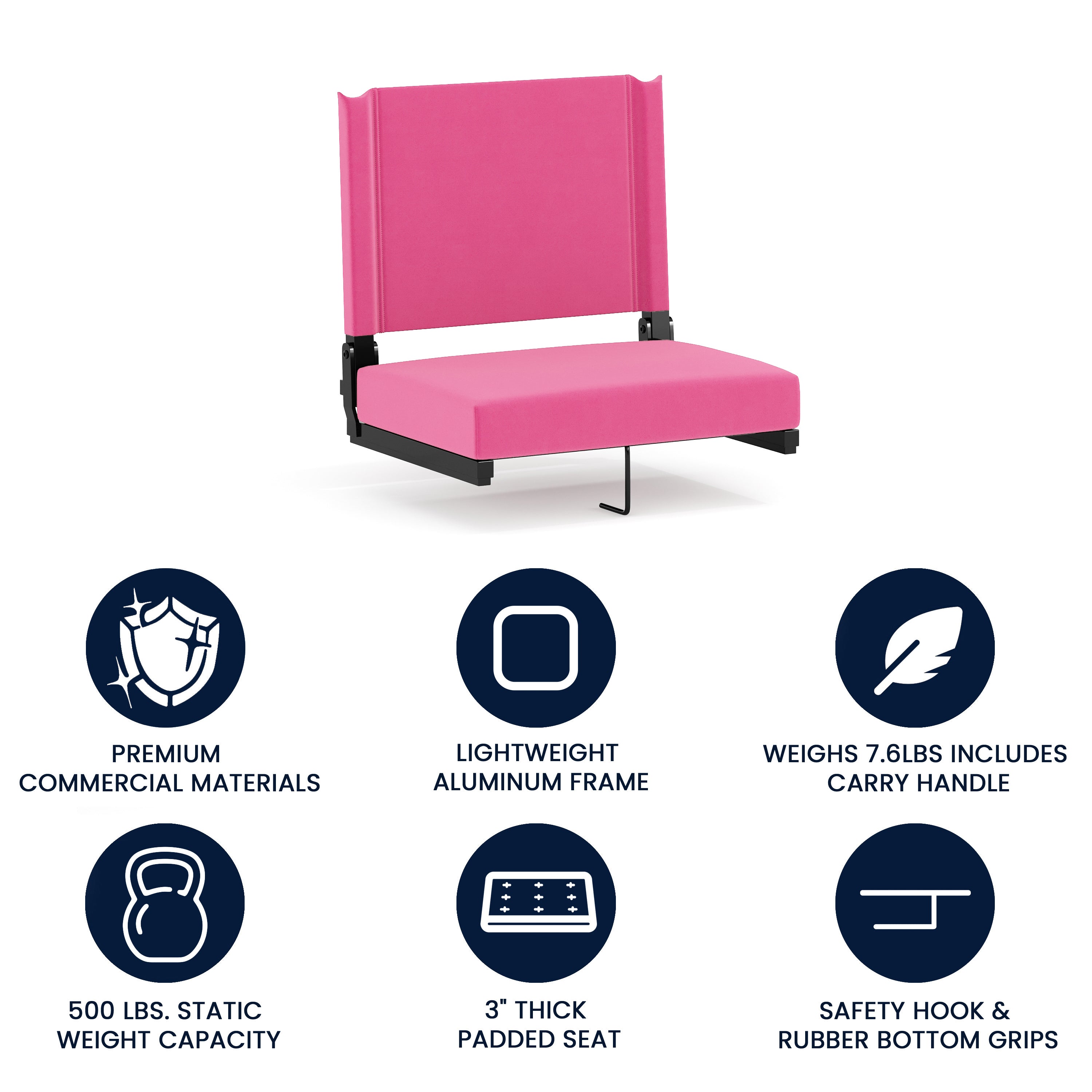 Grandstand Comfort 500 lb Capacity Padded Stadium Chairs, Folding Seats with Handles, Lightweight & Durable, Pink