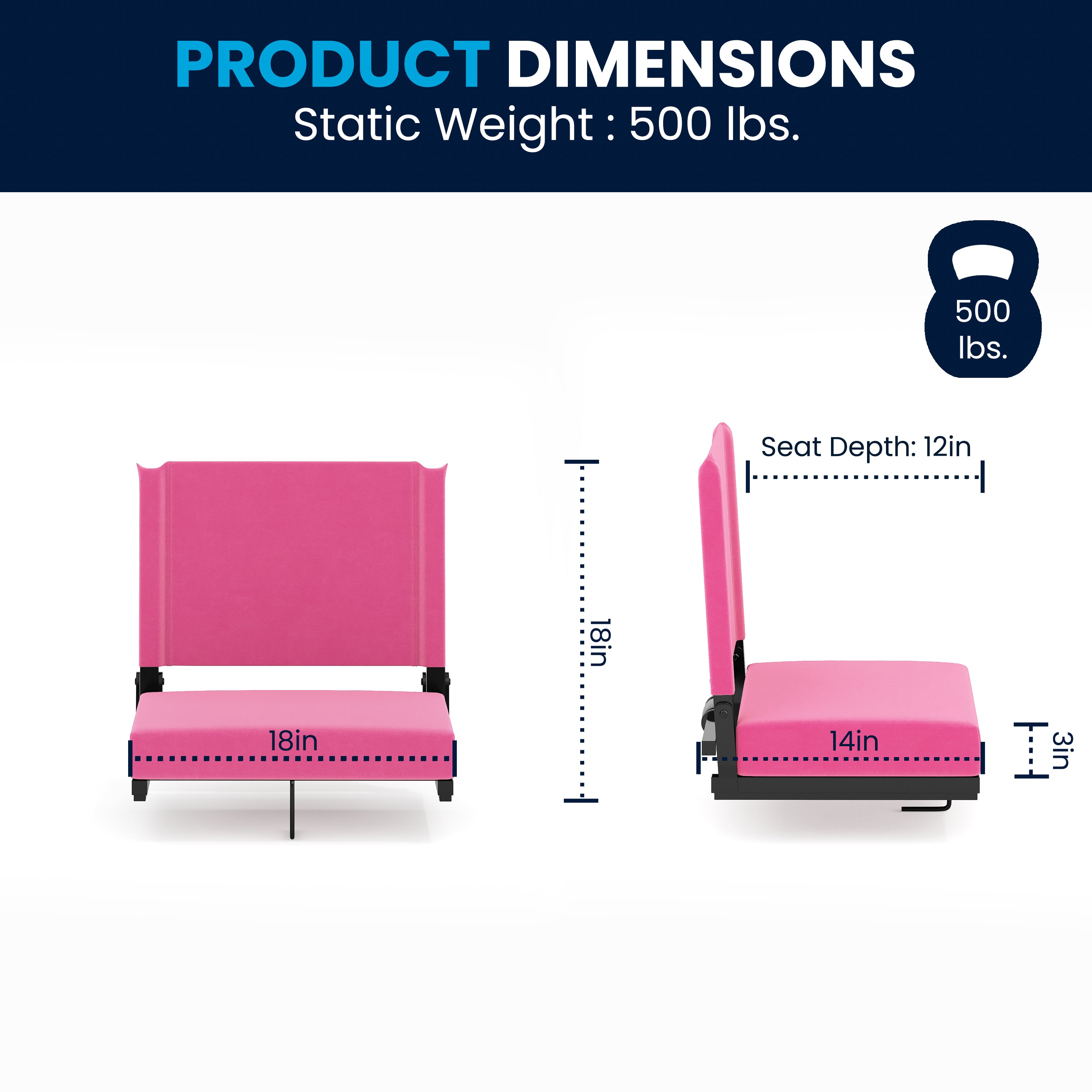 Grandstand Comfort 500 lb Capacity Padded Stadium Chairs, Folding Seats with Handles, Lightweight & Durable, Pink