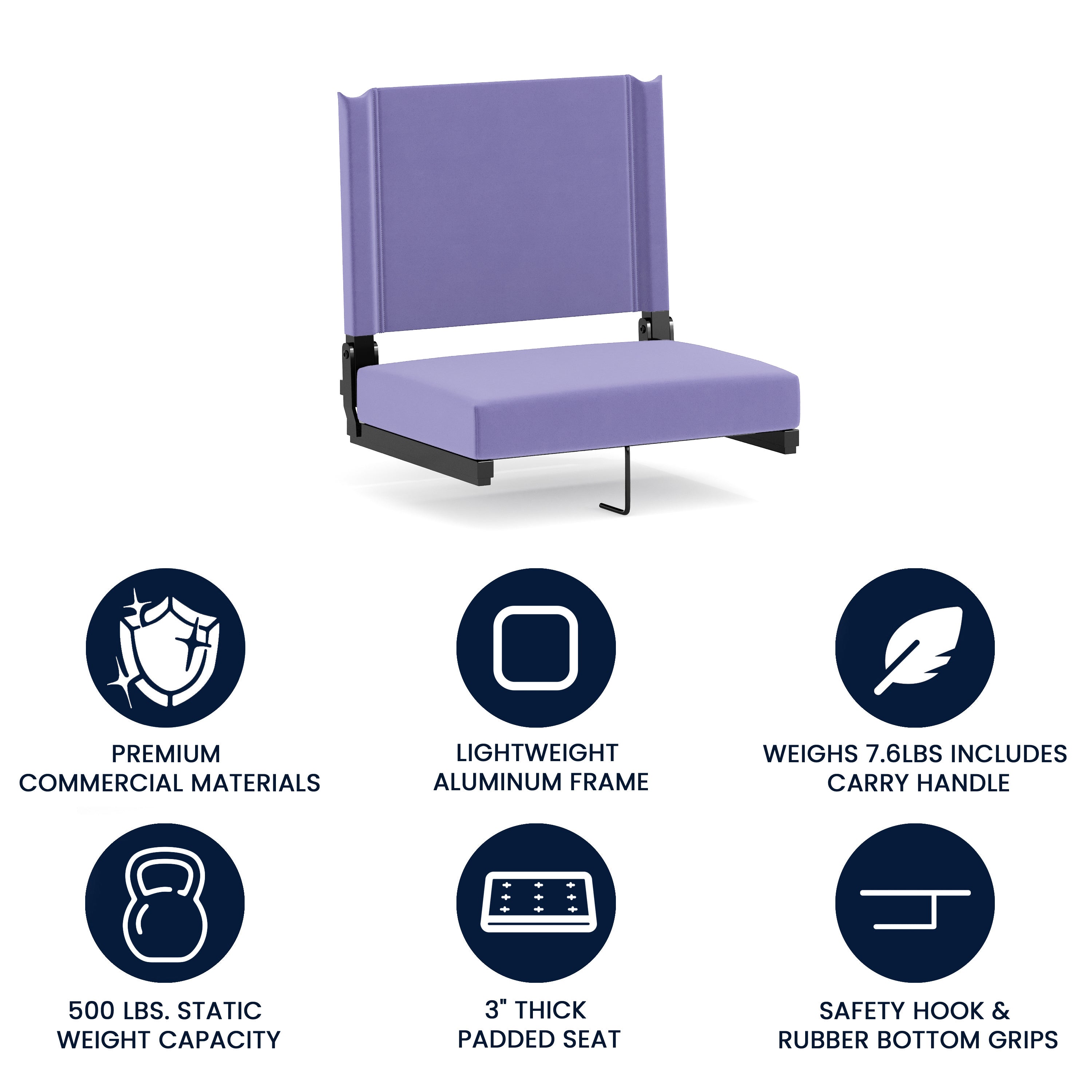 Grandstand Comfort 500 lb Capacity Padded Stadium Chairs, Folding Seats with Handles, Lightweight & Durable, Purple