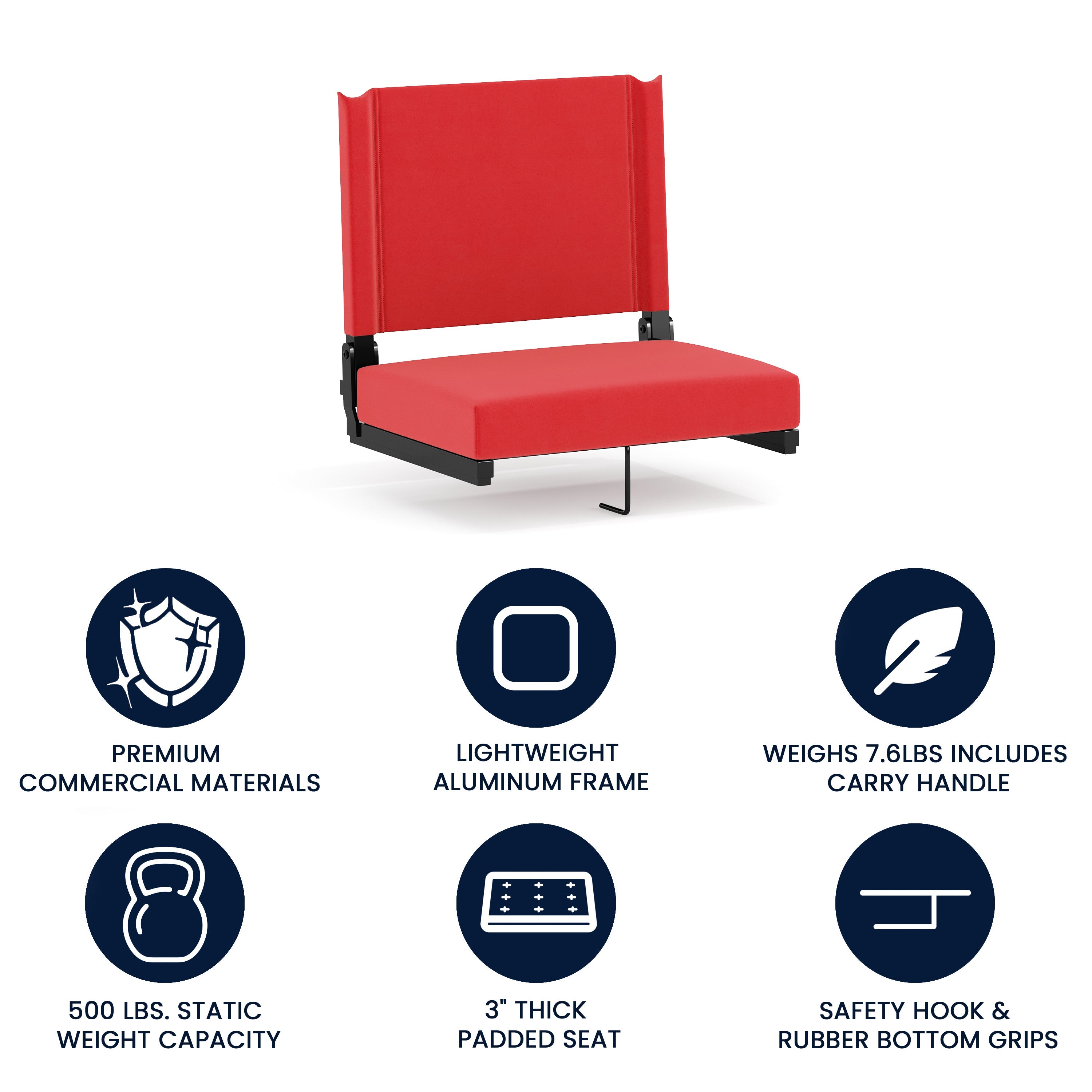 Grandstand Comfort 500 lb Capacity Padded Stadium Chairs, Folding Seats with Handles, Lightweight & Durable, Red
