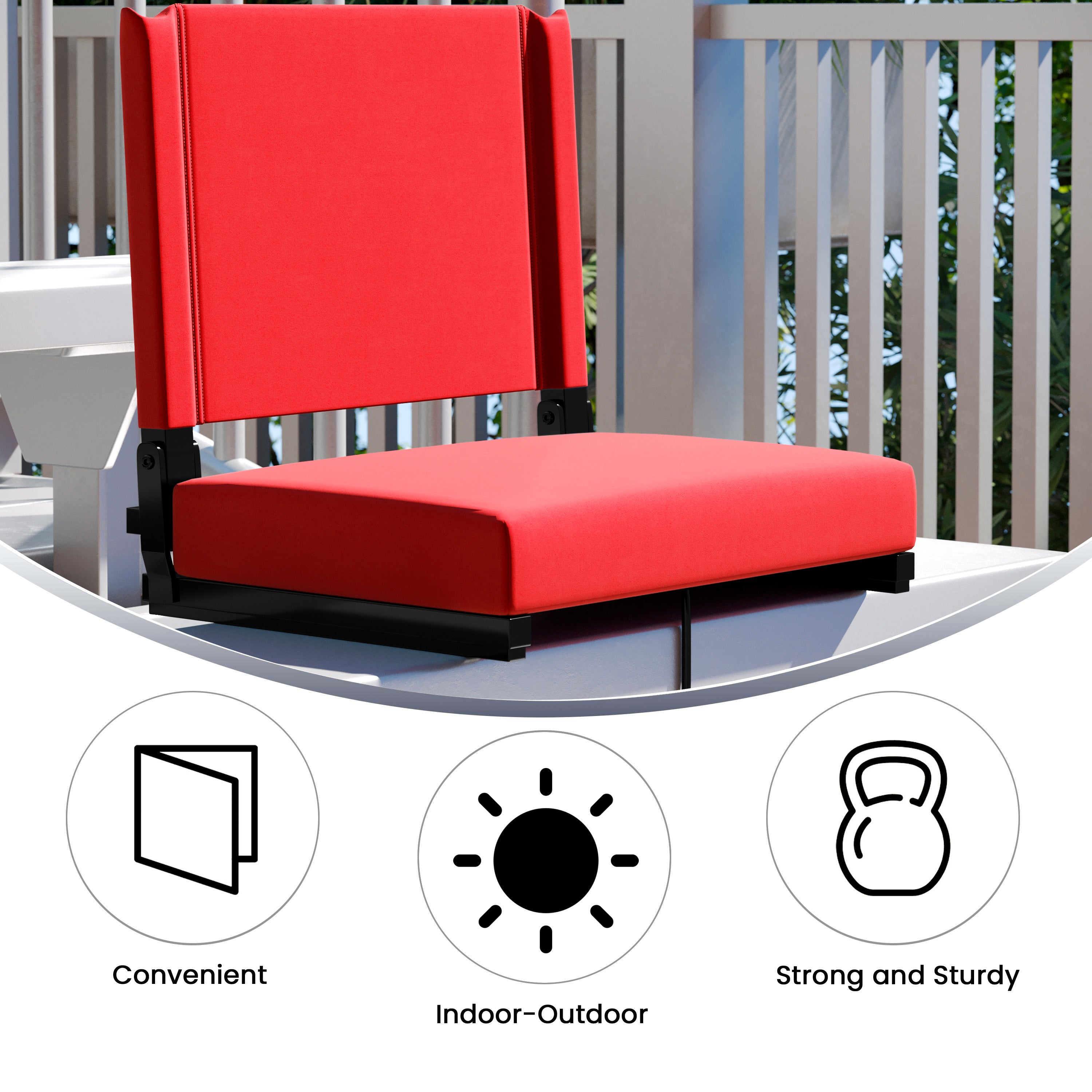 Grandstand Comfort 500 lb Capacity Padded Stadium Chairs, Folding Seats with Handles, Lightweight & Durable, Red