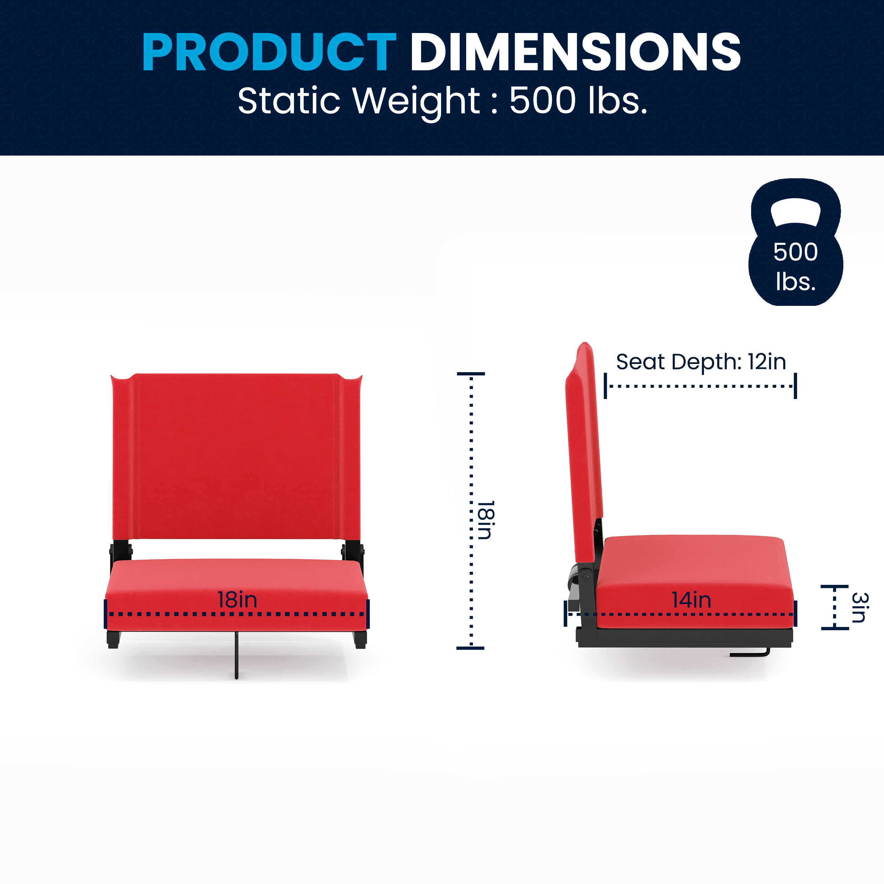 Grandstand Comfort 500 lb Capacity Padded Stadium Chairs, Folding Seats with Handles, Lightweight & Durable, Red