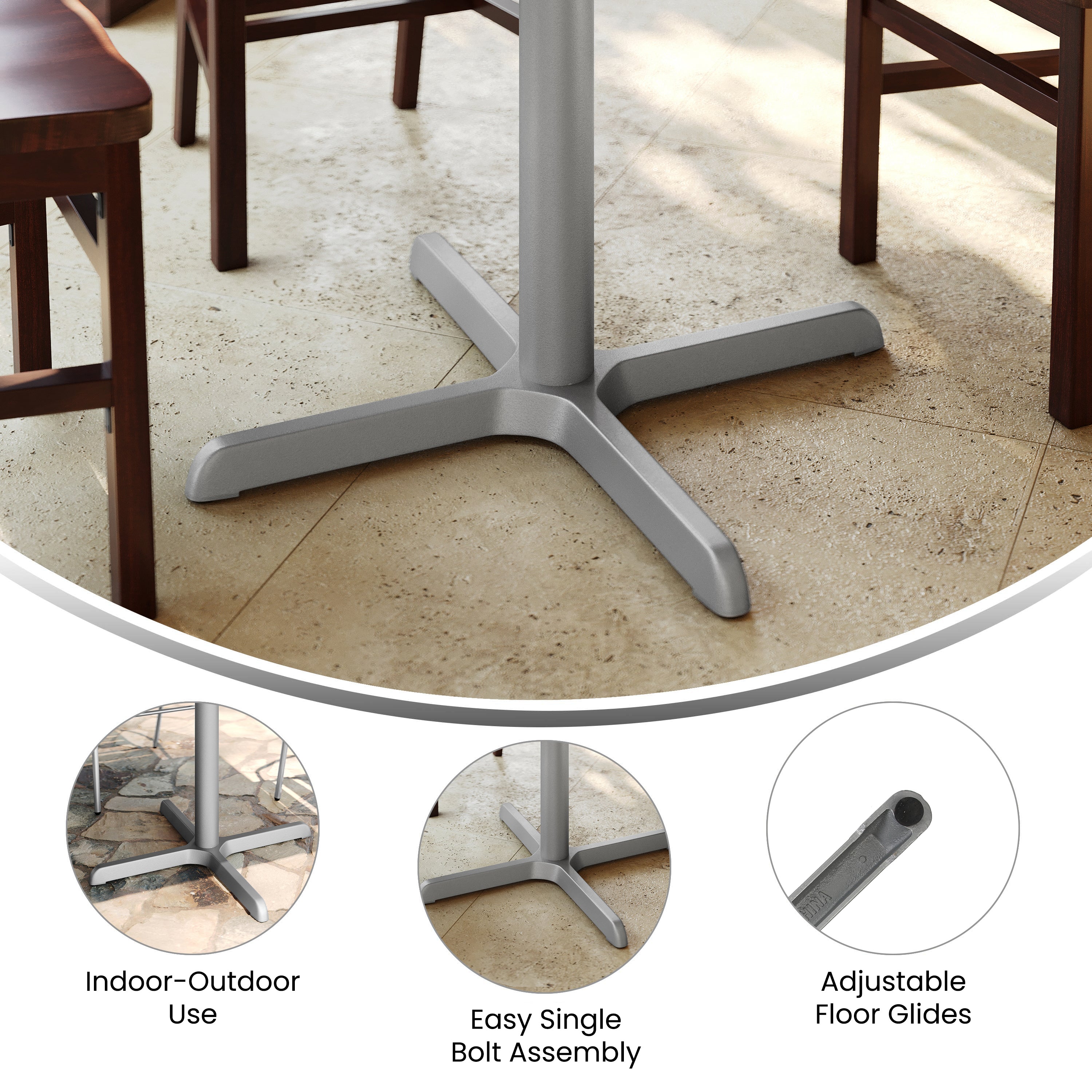 Beverly 30'' x 30'' Restaurant Indoor/Outdoor Table X-Base with 3'' Dia. Table Height Column, Silver