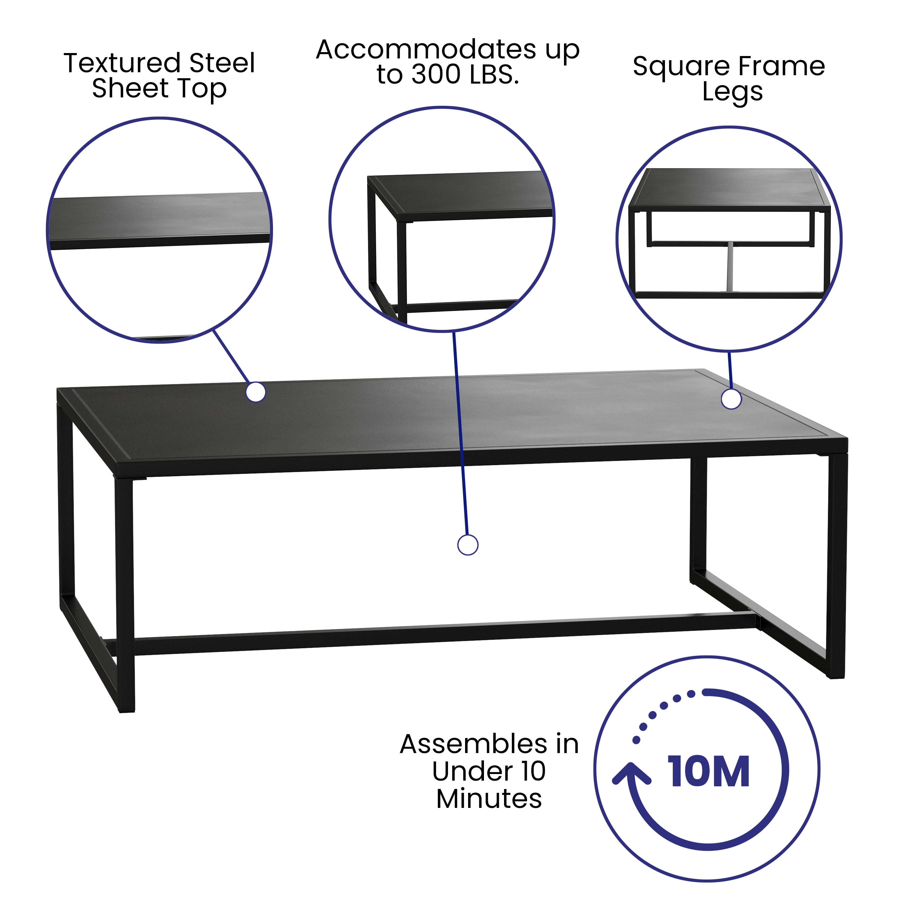 Brock Outdoor Patio Coffee Table Commercial Grade Black Coffee Table for Deck, Porch, or Poolside - Steel Square Leg Frame
