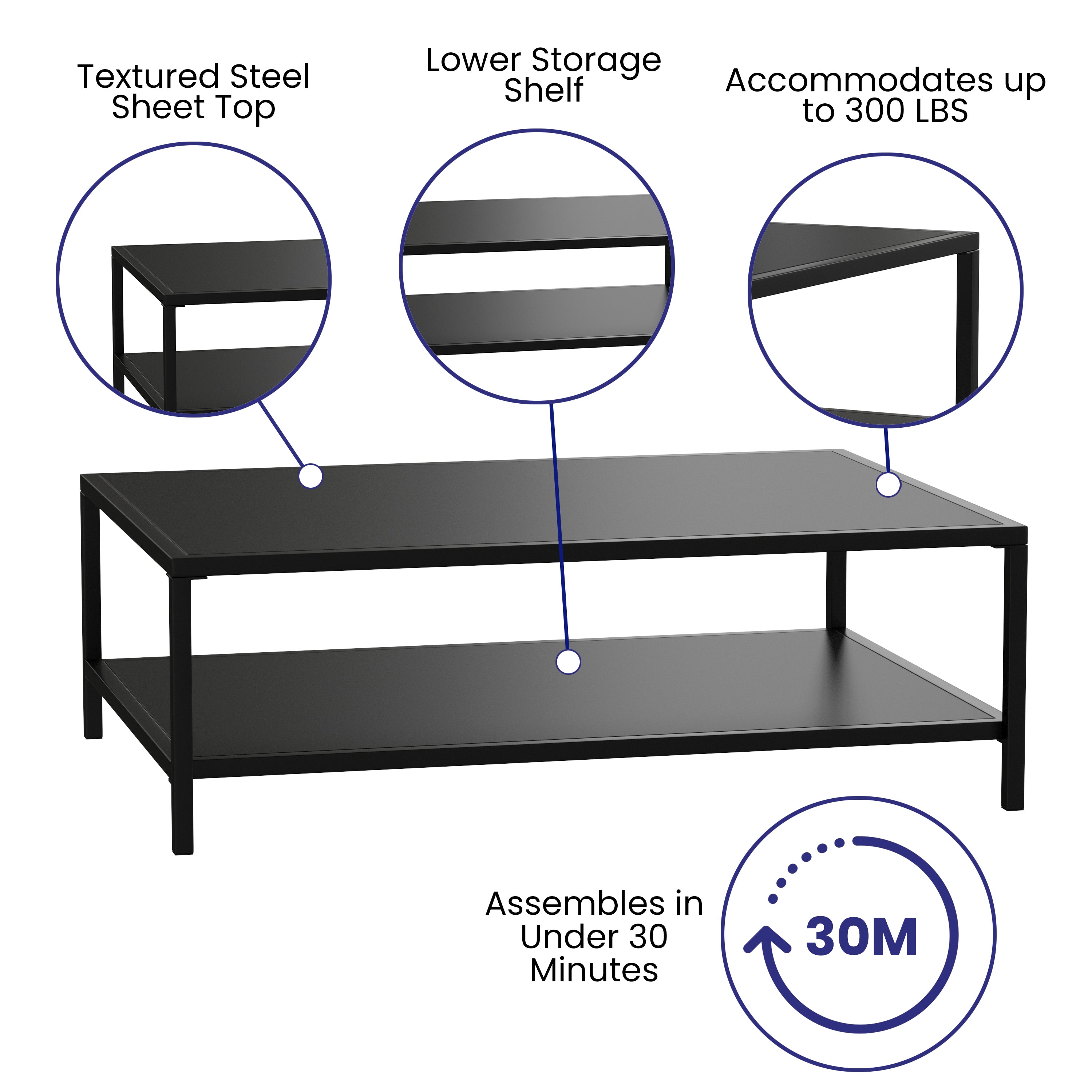 Brock Outdoor 2 Tier Patio Coffee Table Commercial Grade Black Coffee Table for Deck, Porch, or Poolside-Steel Square Leg Frame