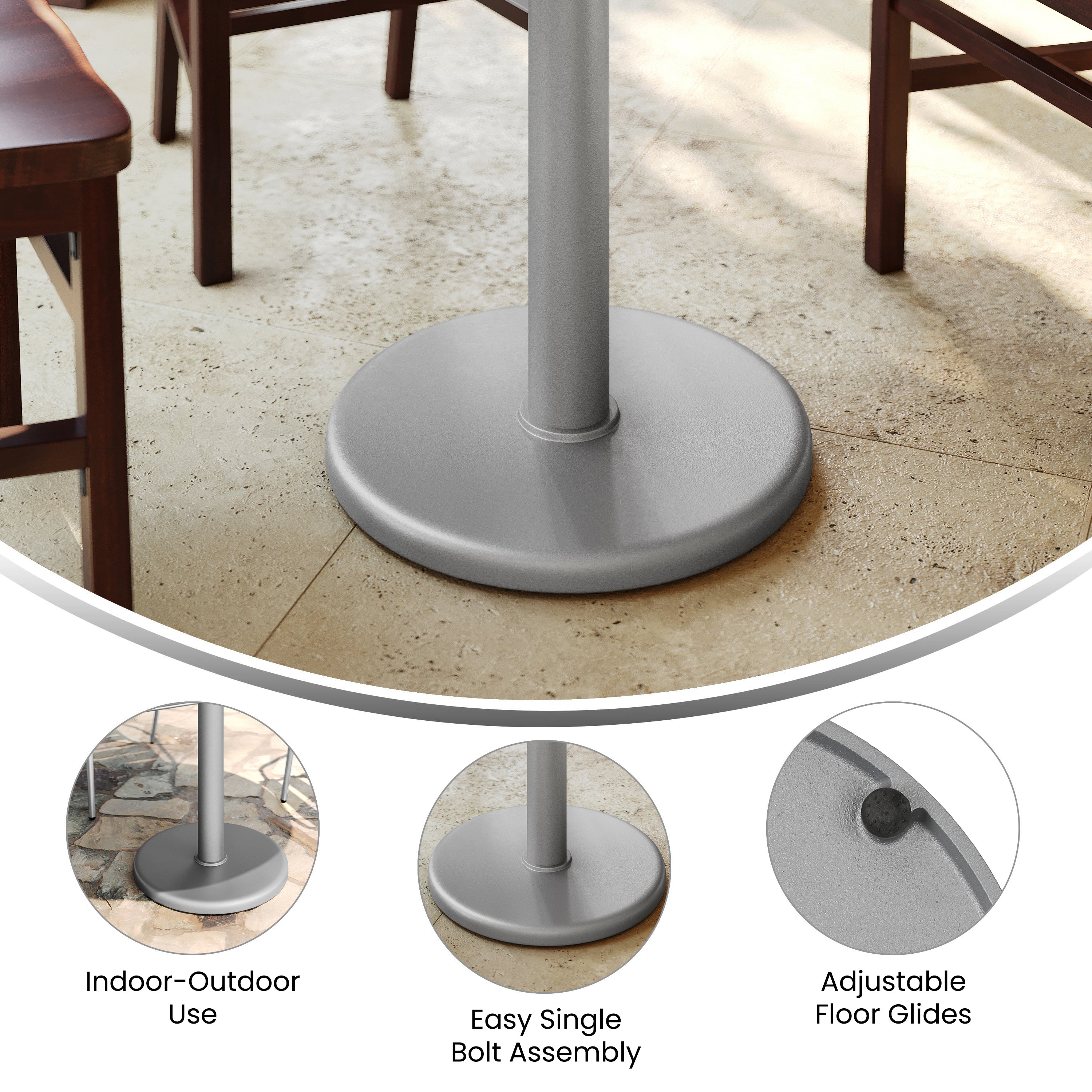 Beverly 18'' Round Restaurant Indoor/Outdoor Table Base with 3'' Dia. Table Height Column, Silver