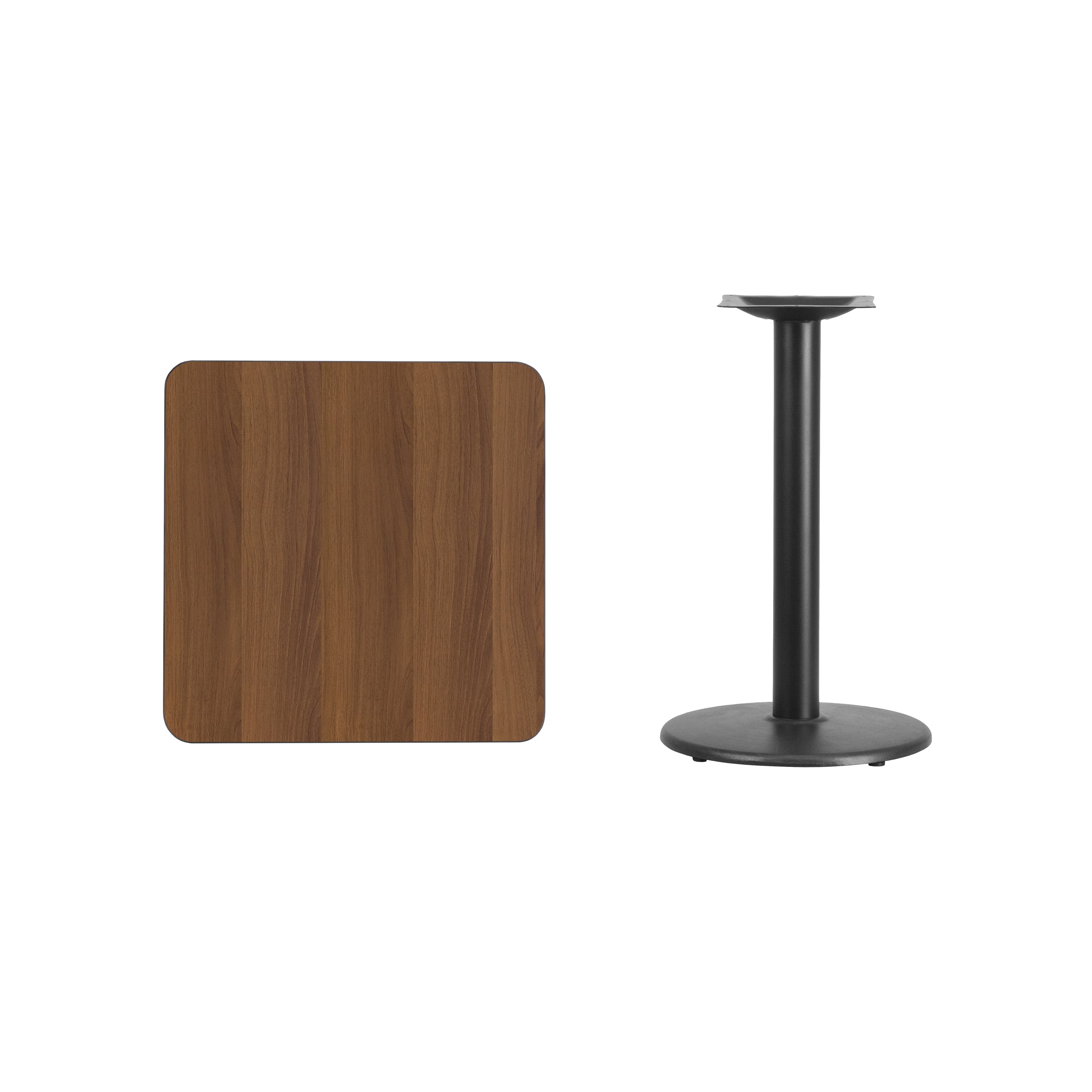 Graniss 24'' Square Walnut Laminate Table Top with 18'' Round Table Height Base