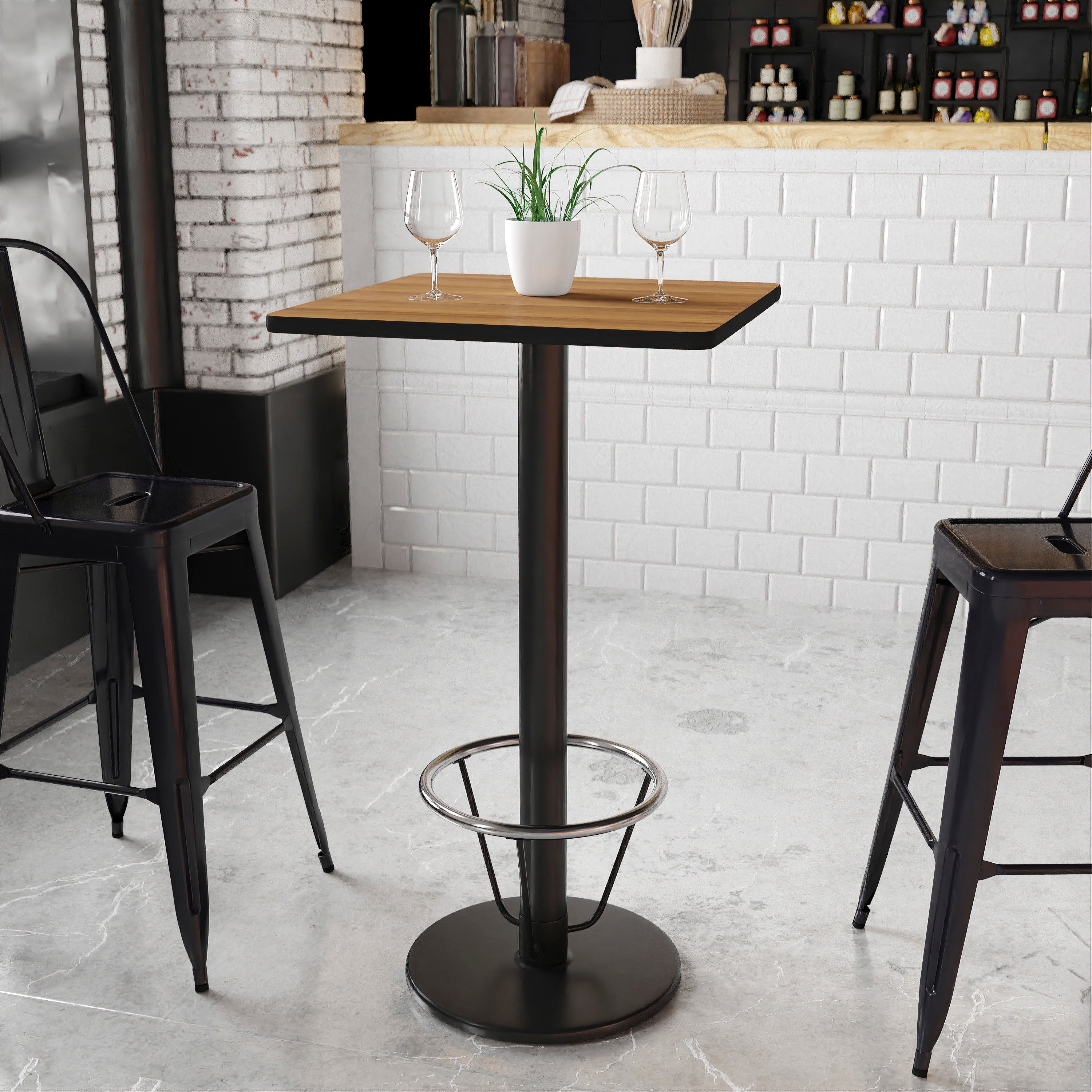Stiles 24'' Square Walnut Laminate Table Top with 18'' Round Bar Height Table Base and Foot Ring