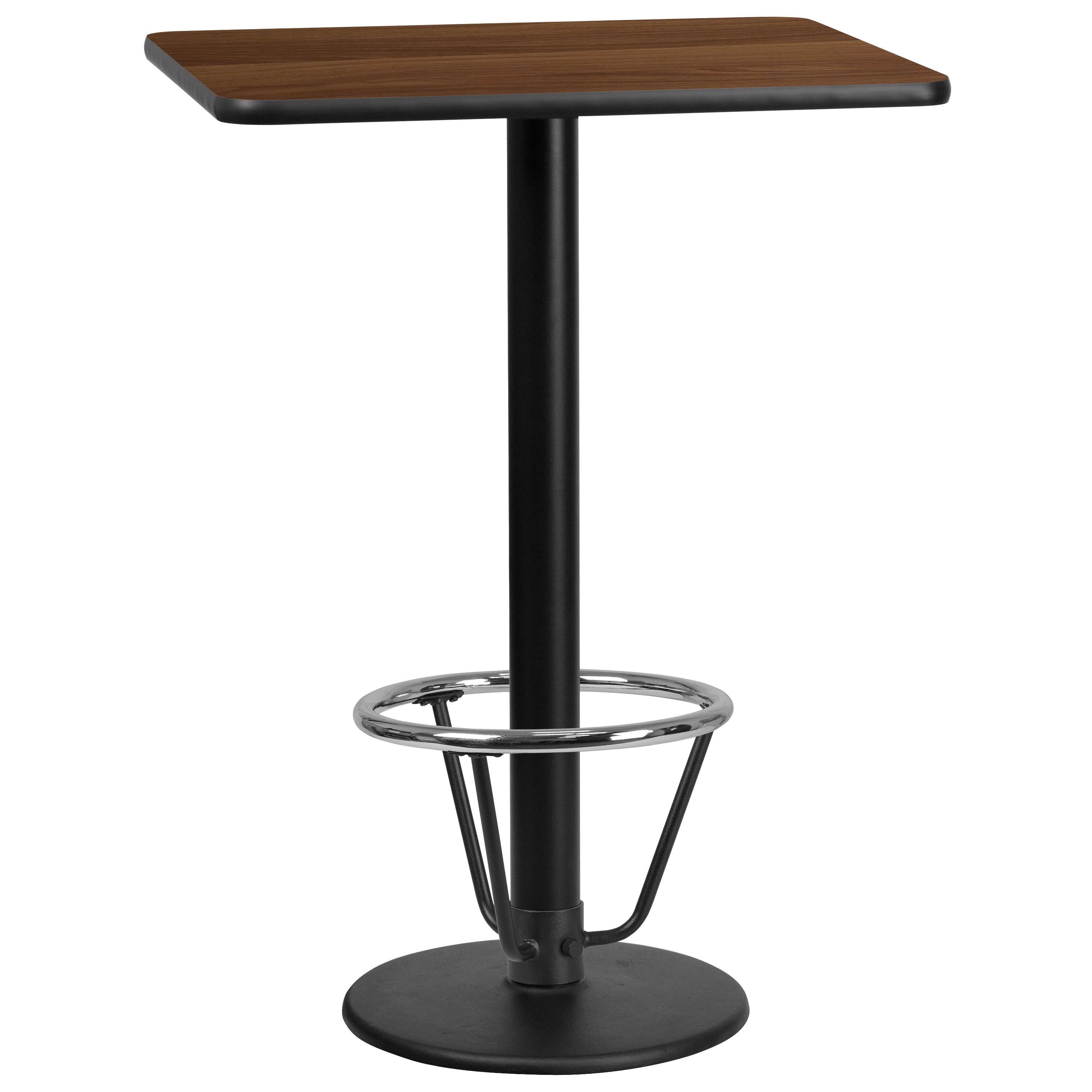 Stiles 24'' x 30'' Rectangular Walnut Laminate Table Top with 18'' Round Bar Height Table Base and Foot Ring