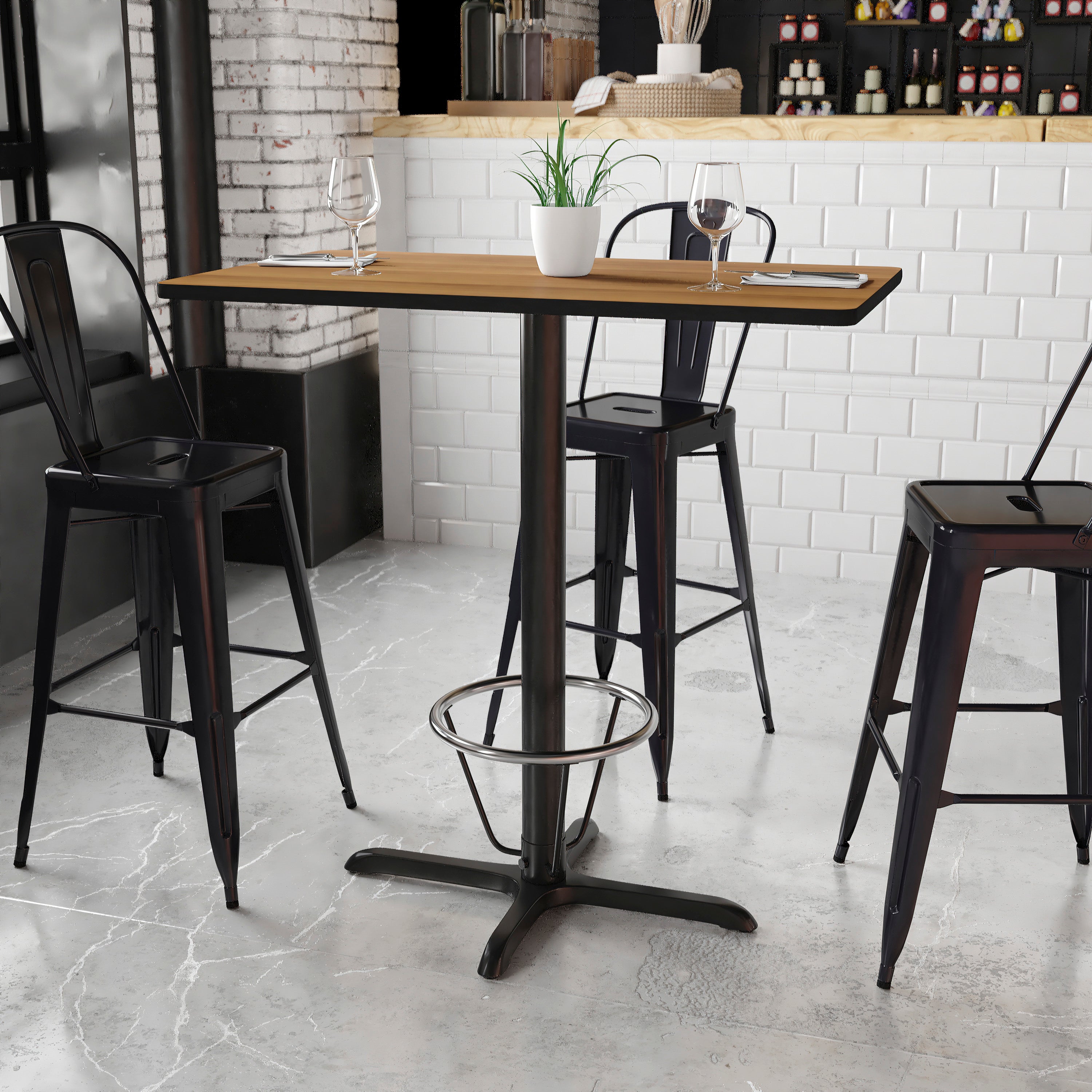 Stiles 24'' x 42'' Rectangular Walnut Laminate Table Top with 23.5'' x 29.5'' Bar Height Table Base and Foot Ring