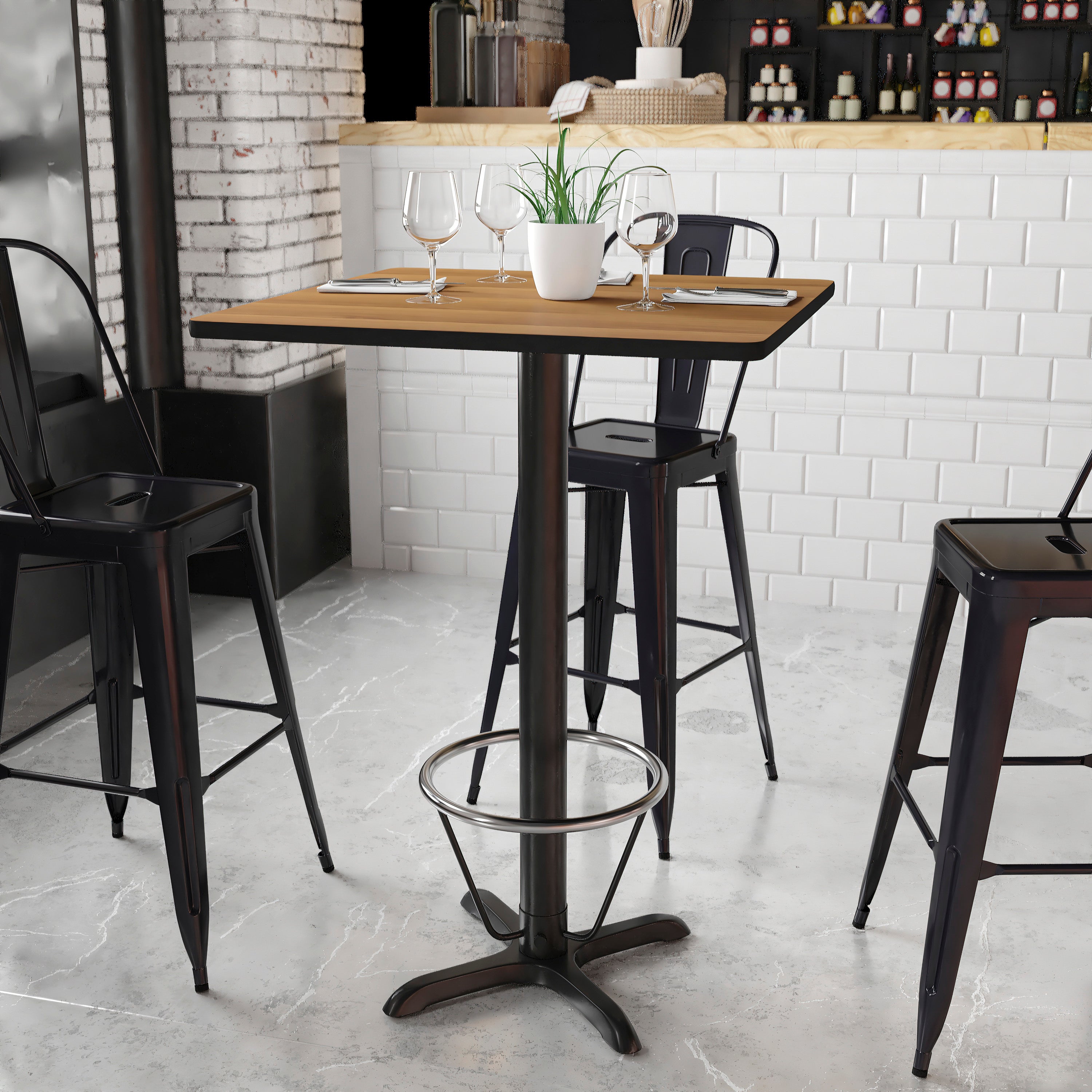 Stiles 30'' Square Walnut Laminate Table Top with 22'' x 22'' Bar Height Table Base and Foot Ring