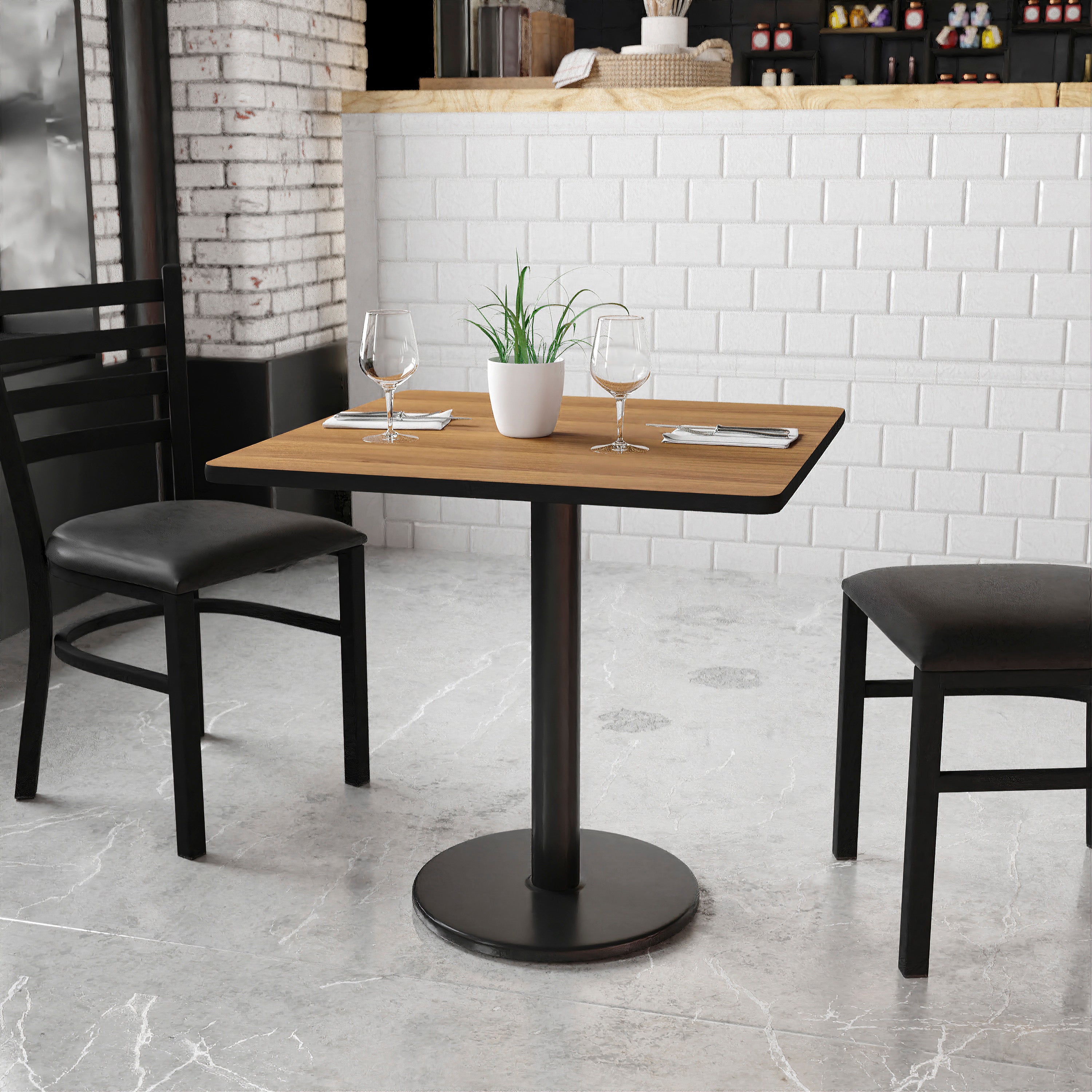 Graniss 30'' Square Walnut Laminate Table Top with 18'' Round Table Height Base