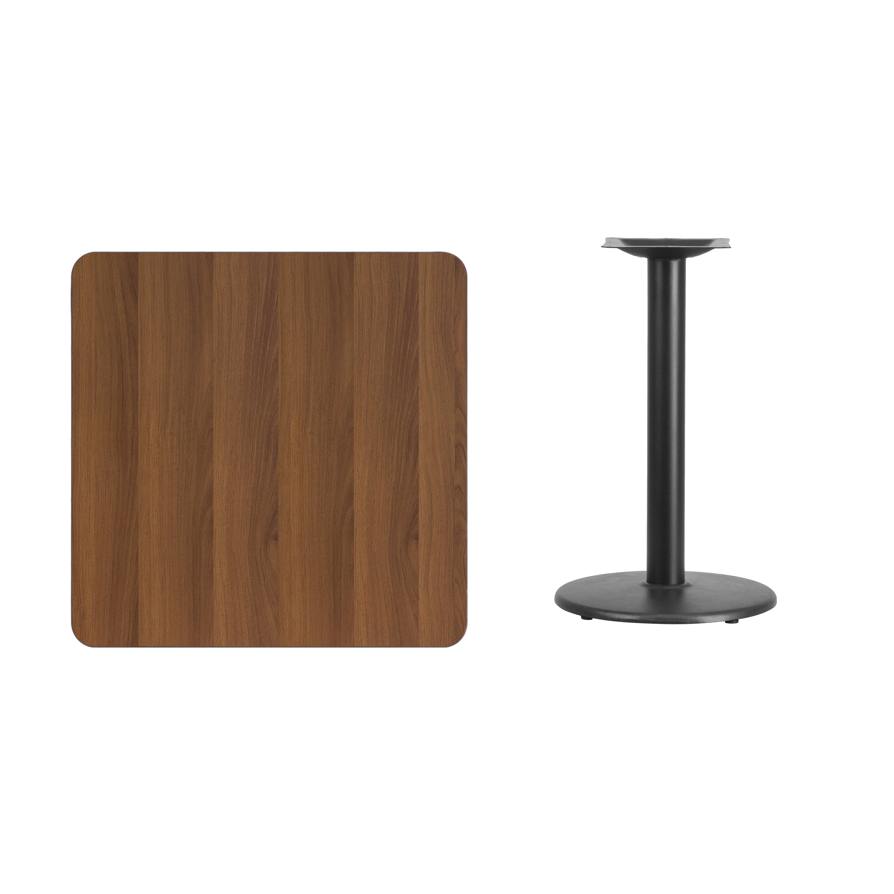 Graniss 30'' Square Walnut Laminate Table Top with 18'' Round Table Height Base