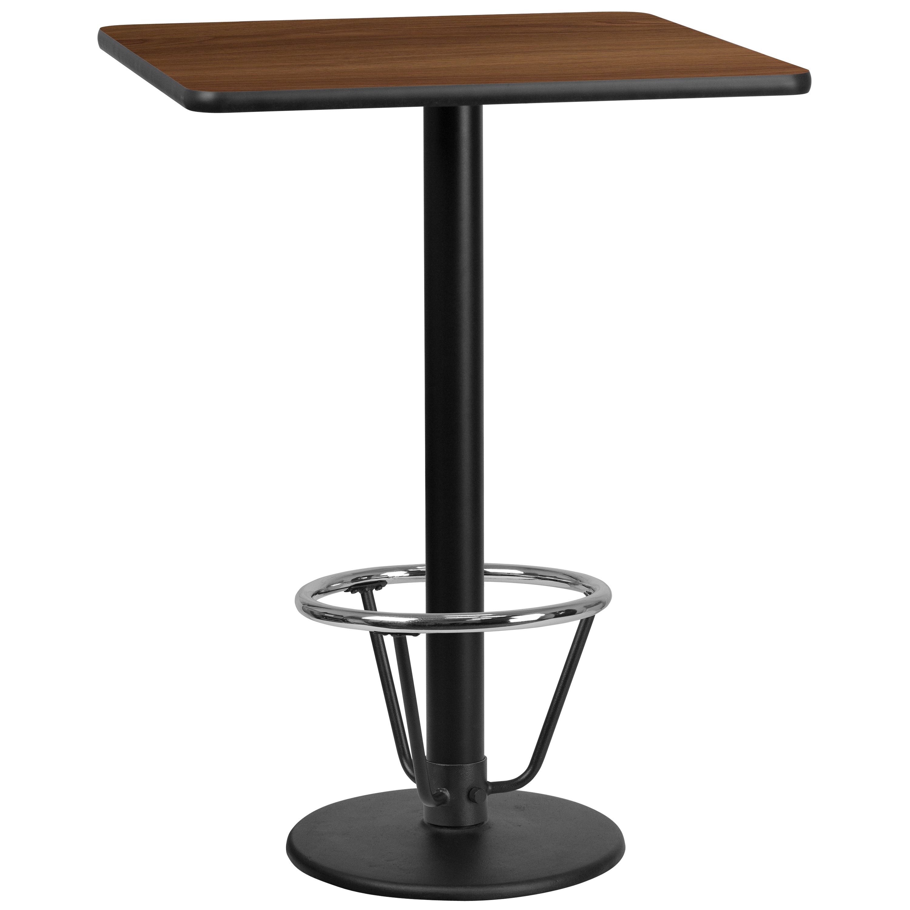 Stiles 30'' Square Walnut Laminate Table Top with 18'' Round Bar Height Table Base and Foot Ring
