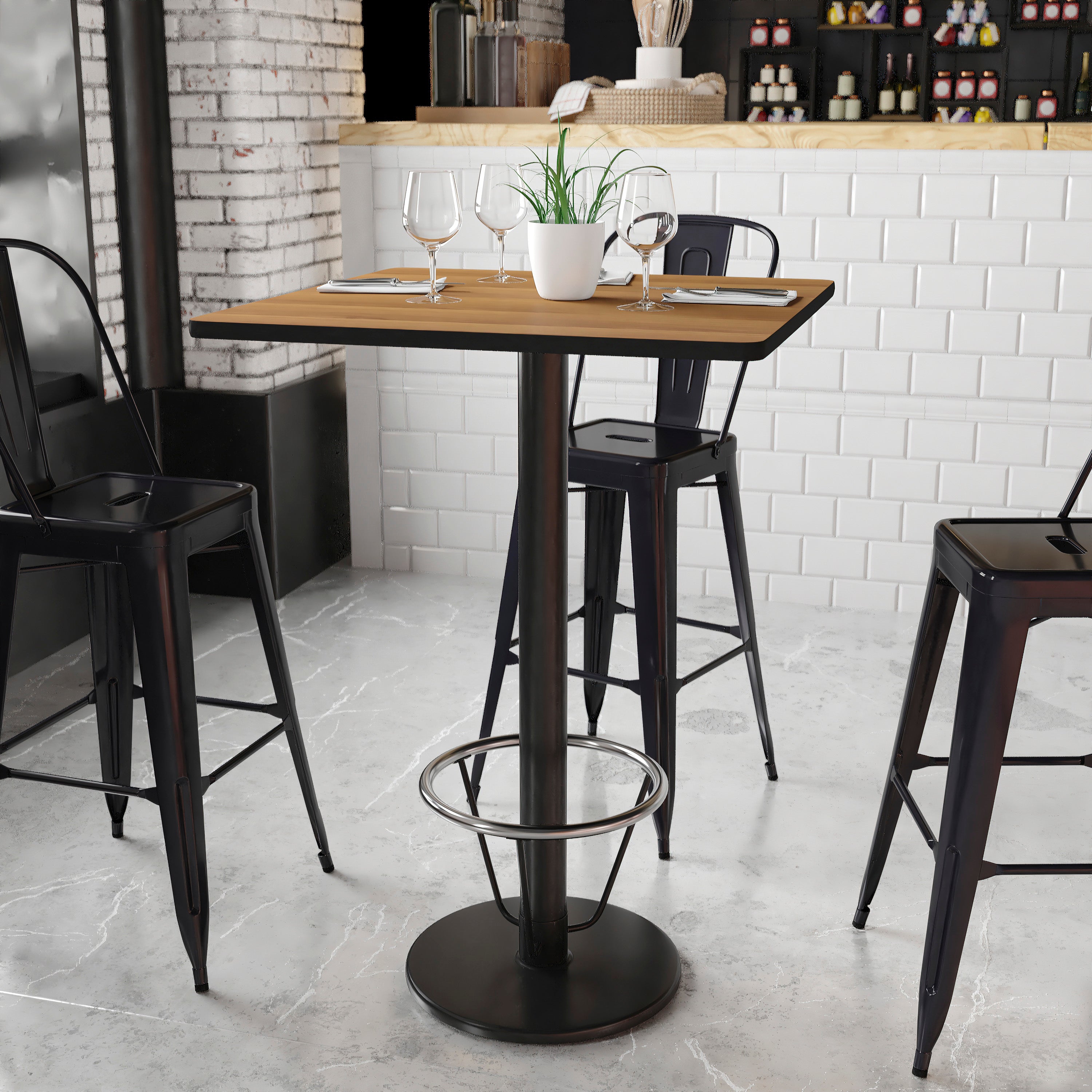 Stiles 30'' Square Walnut Laminate Table Top with 18'' Round Bar Height Table Base and Foot Ring