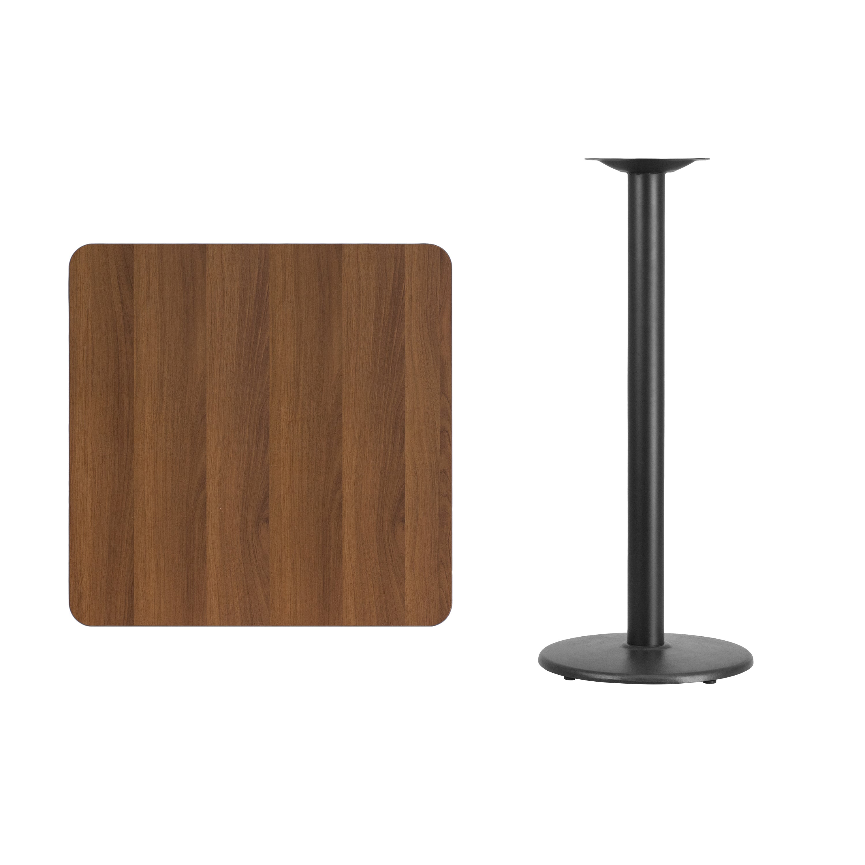 Stiles 30'' Square Walnut Laminate Table Top with 18'' Round Bar Height Table Base