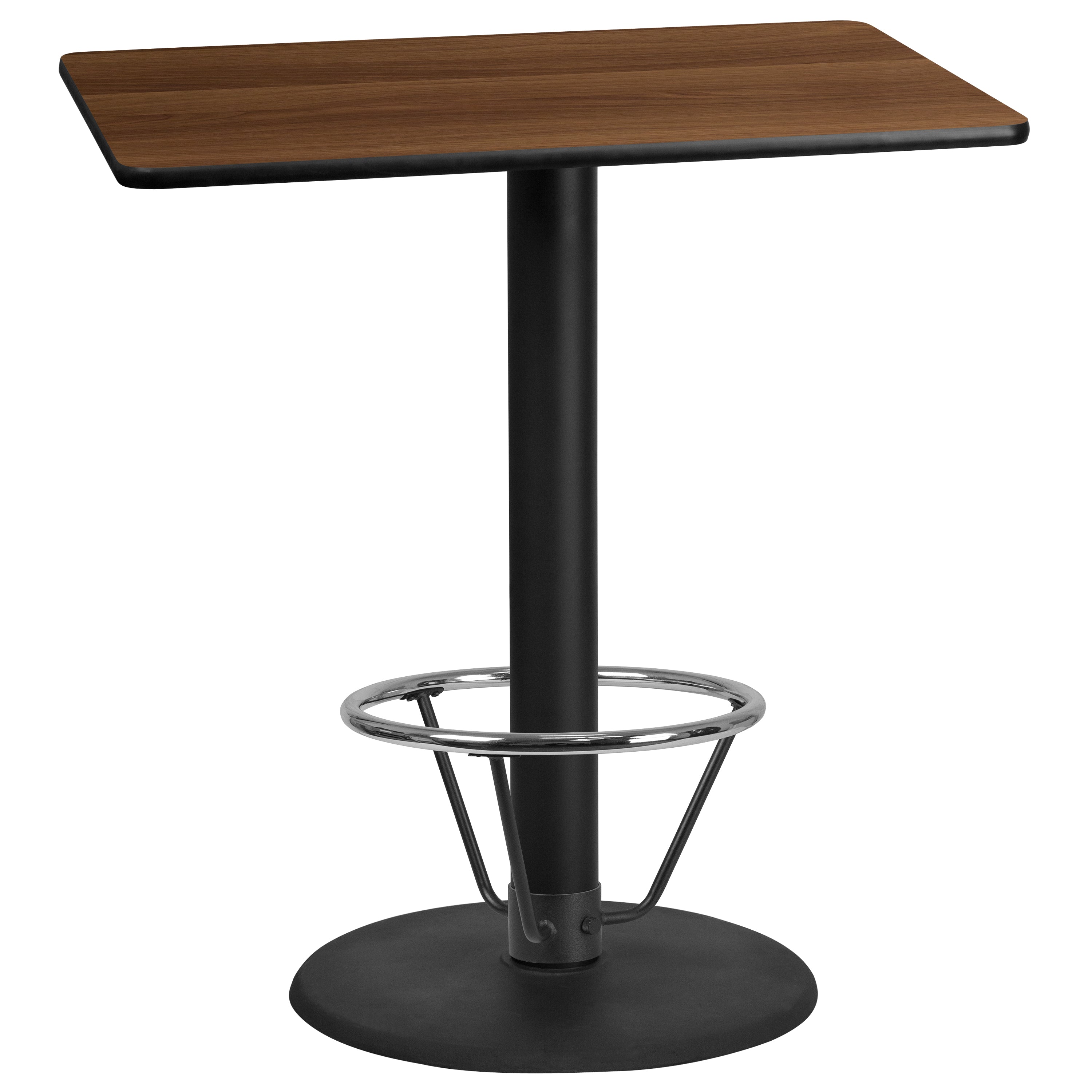 Stiles 30'' x 42'' Rectangular Walnut Laminate Table Top with 24'' Round Bar Height Table Base and Foot Ring