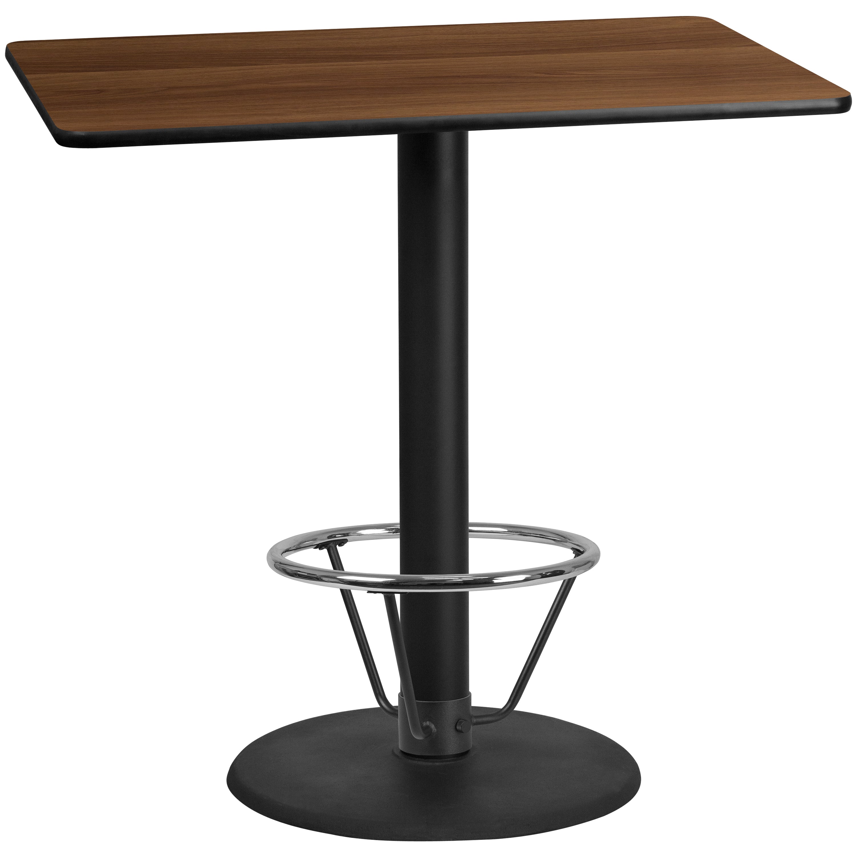 Stiles 30'' x 48'' Rectangular Walnut Laminate Table Top with 24'' Round Bar Height Table Base and Foot Ring