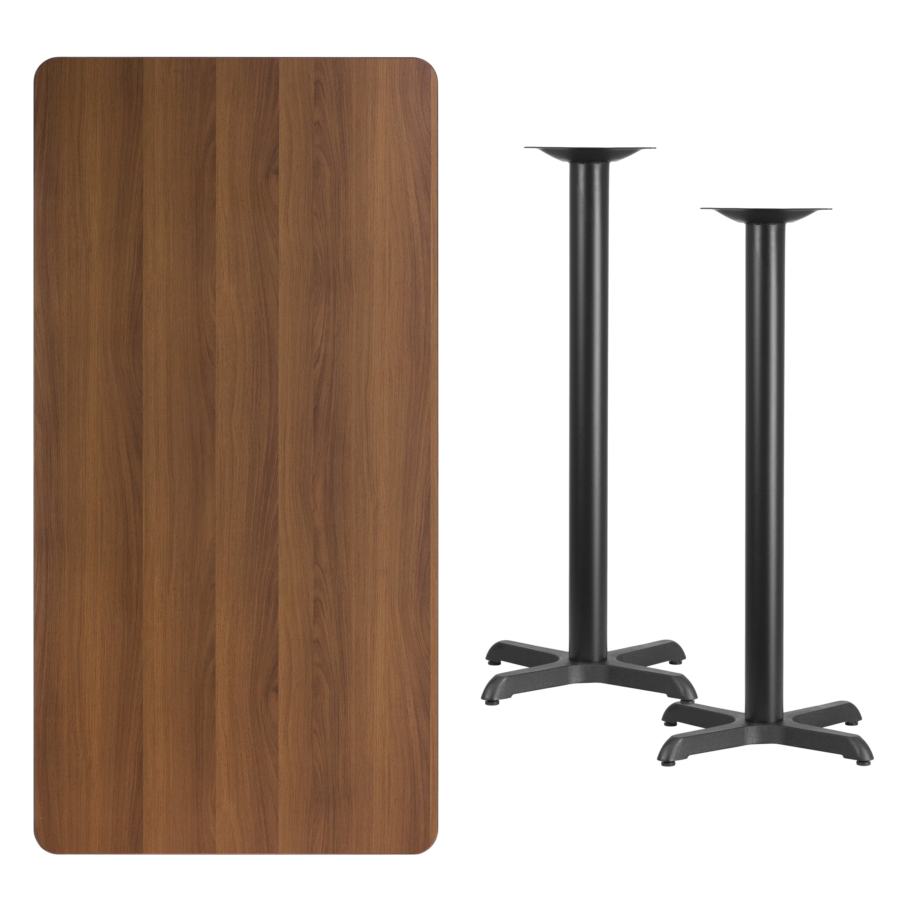 Stiles 30'' x 60'' Rectangular Walnut Laminate Table Top with 22'' x 22'' Bar Height Table Bases