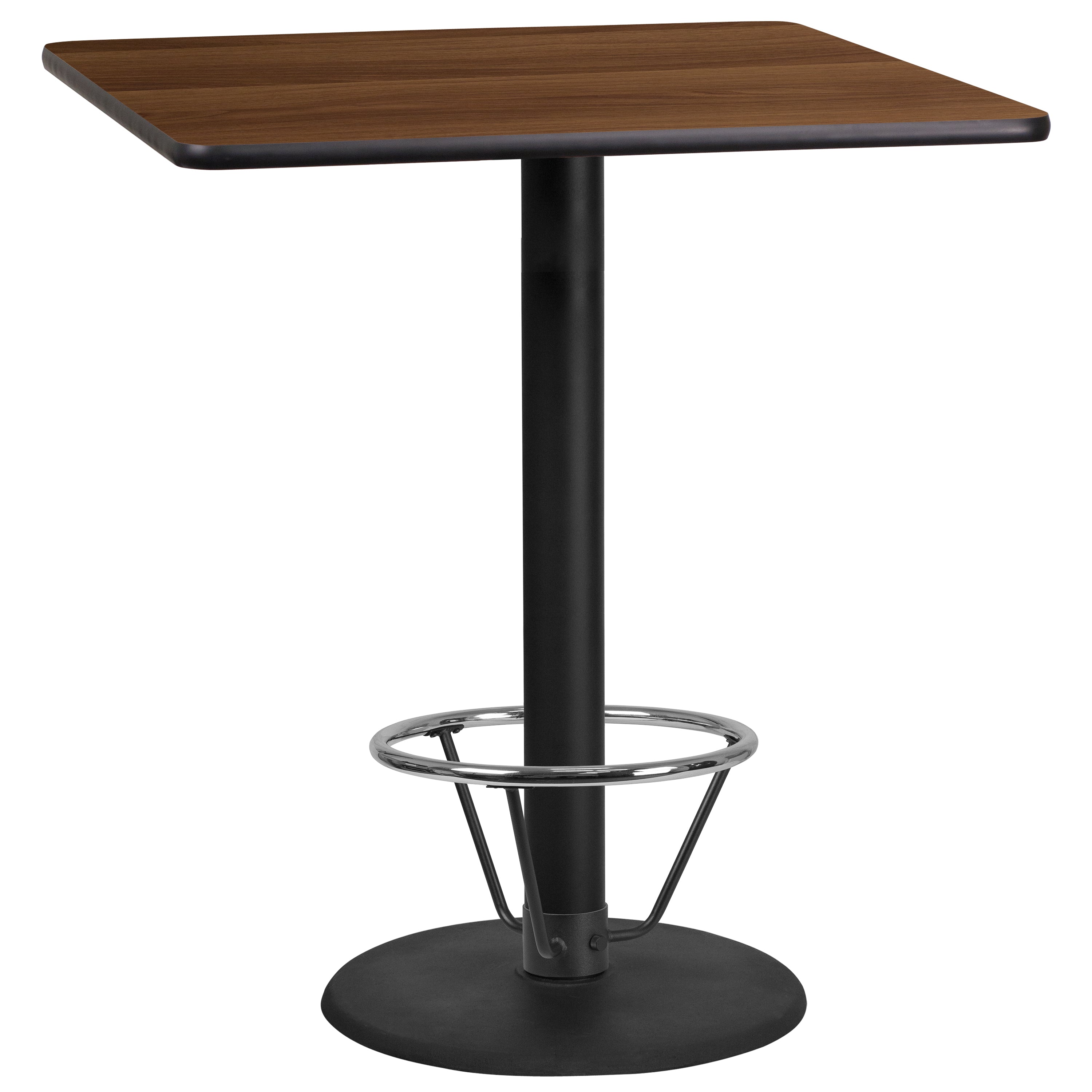 Stiles 36'' Square Walnut Laminate Table Top with 24'' Round Bar Height Table Base and Foot Ring