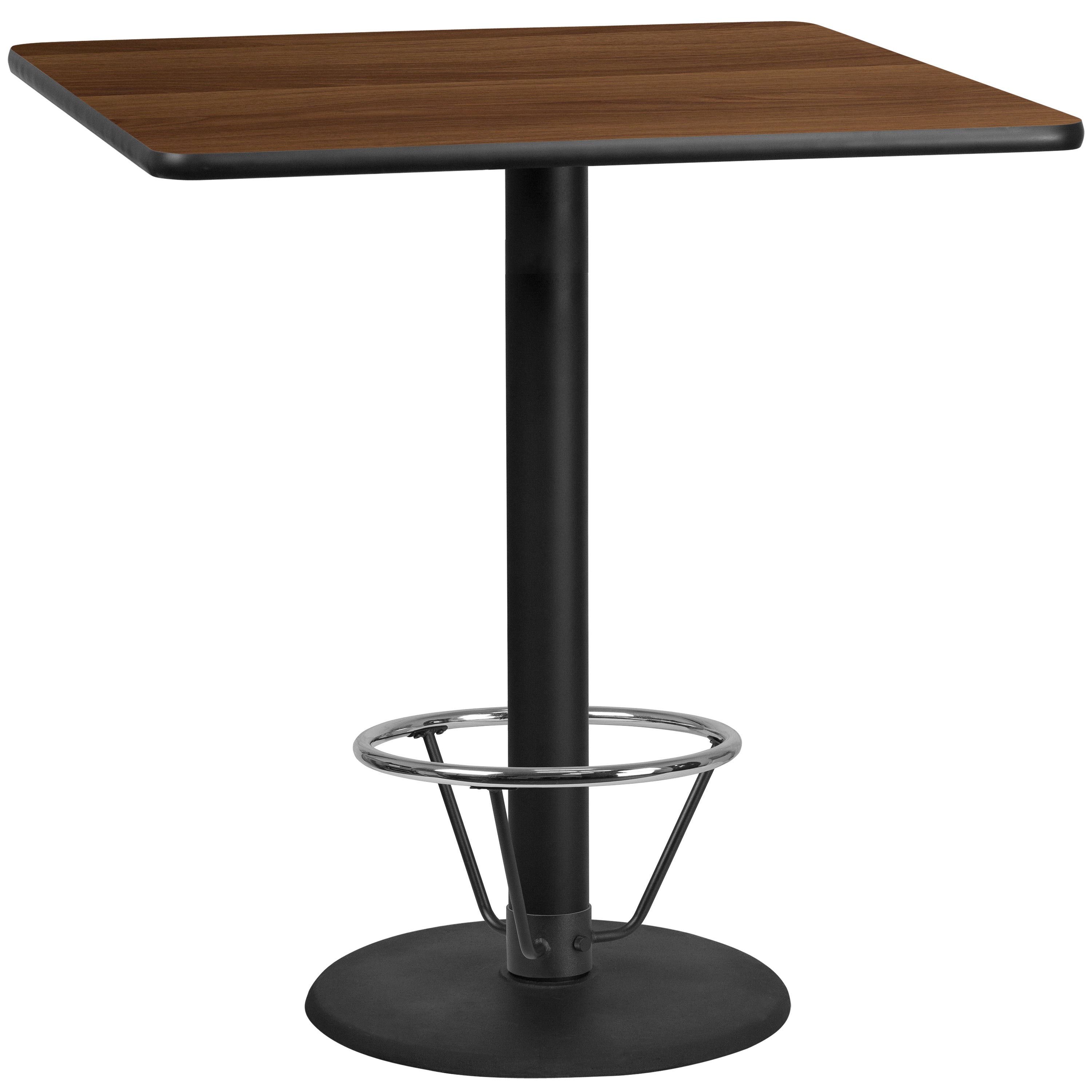 Stiles 42'' Square Walnut Laminate Table Top with 24'' Round Bar Height Table Base and Foot Ring
