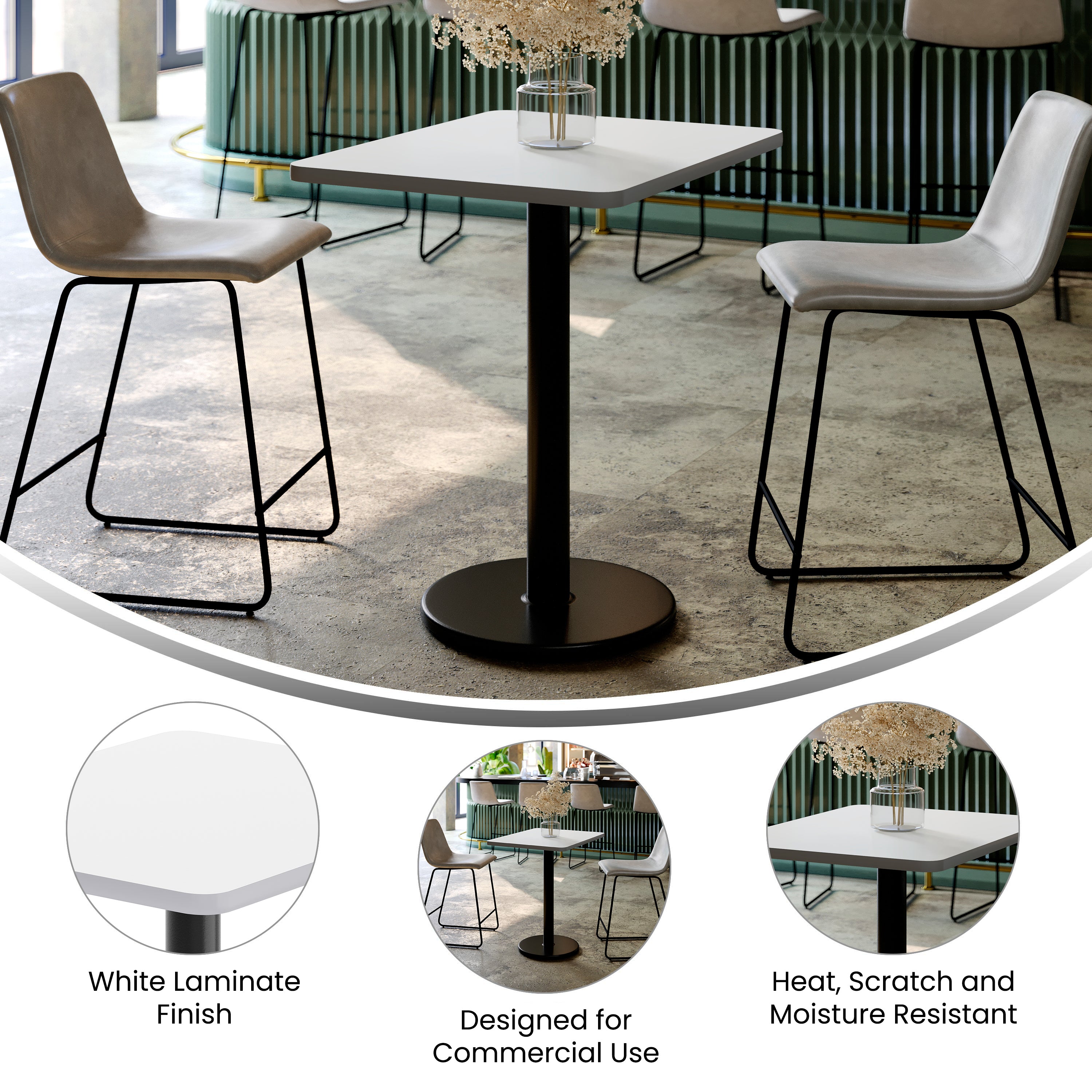 Graniss 24'' x 30'' White Rectangular Laminate Table Top with Black 18" Round Table Height Base