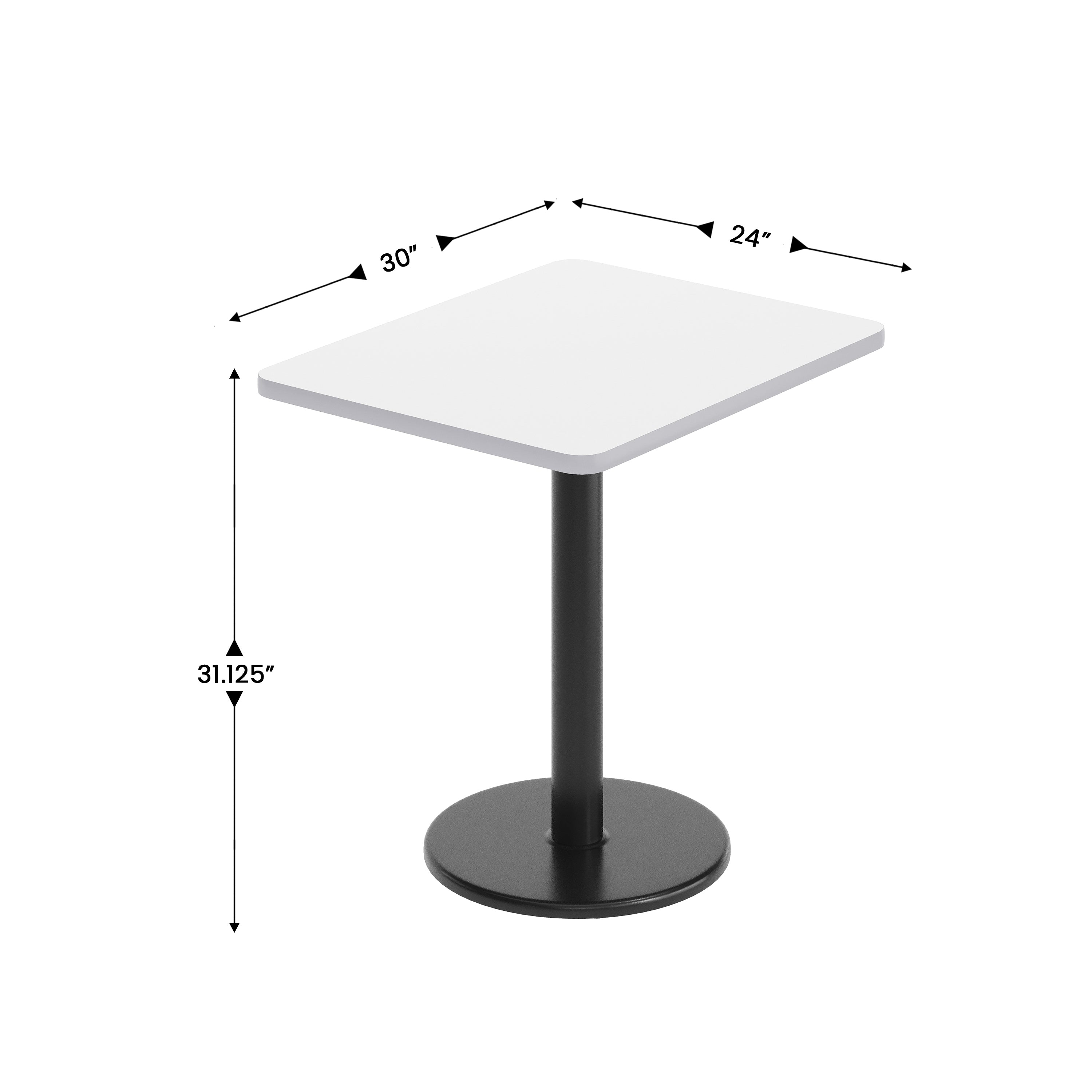 Graniss 24'' x 30'' White Rectangular Laminate Table Top with Black 18" Round Table Height Base