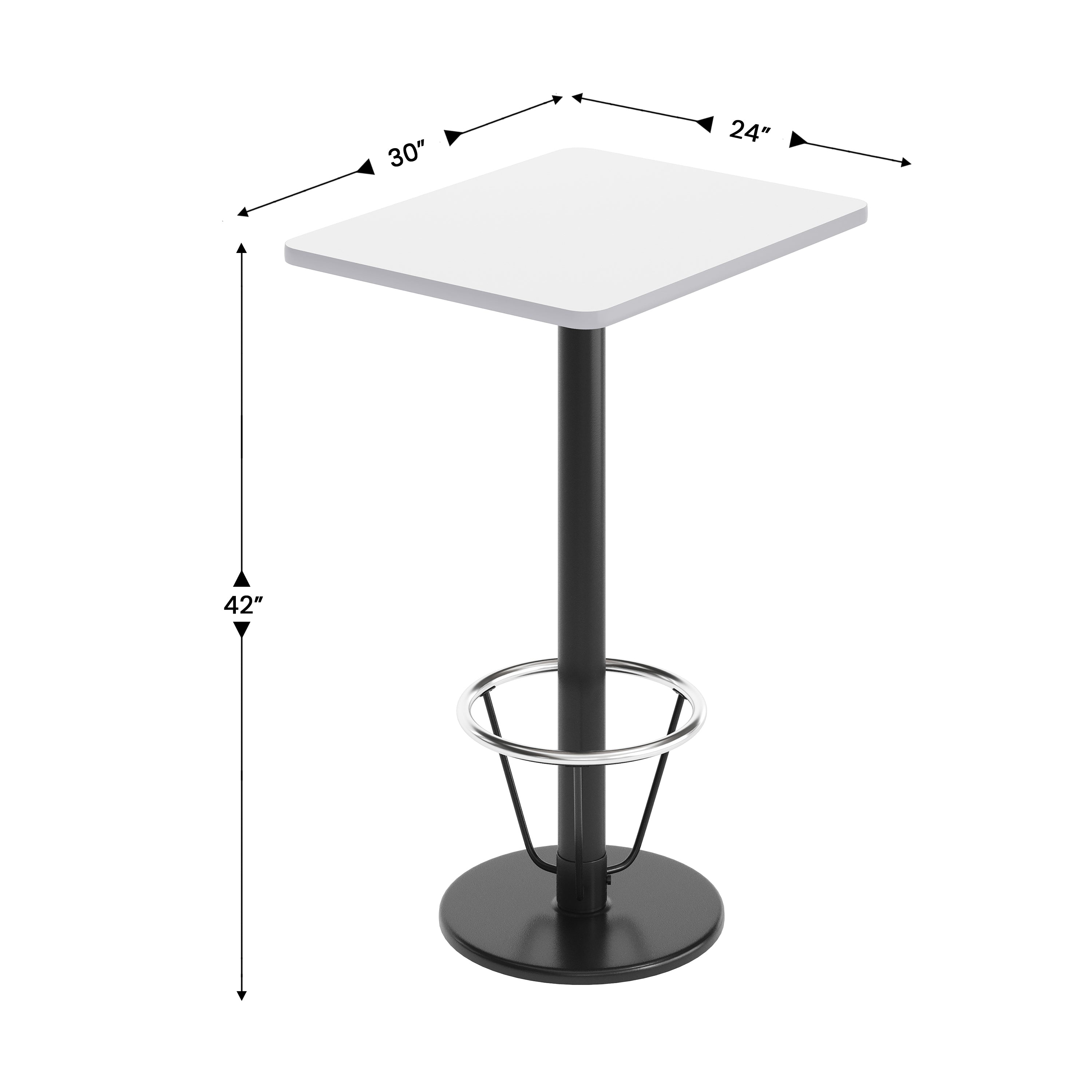Stiles 24'' x 30'' White Rectangular Laminate Table Top with Black 18" Round Bar Height Table Base with Footring
