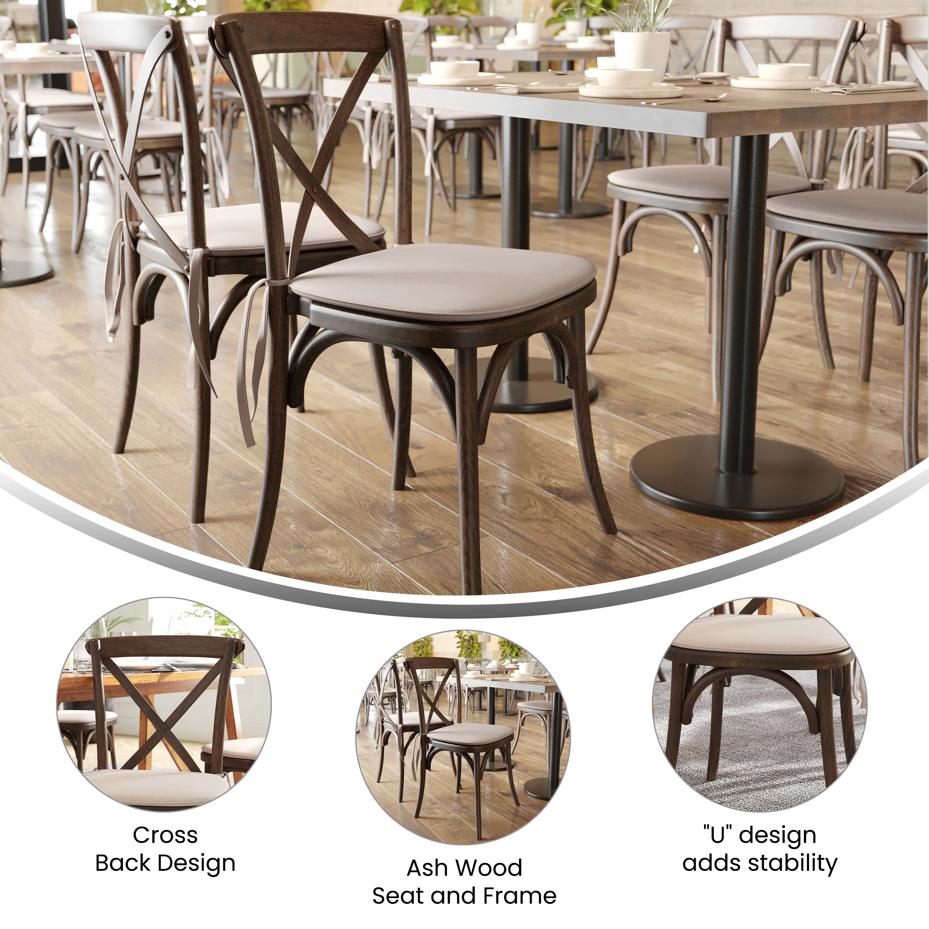 HERCULES Series Stackable Mahogany Wood Cross Back Chair with Cushion