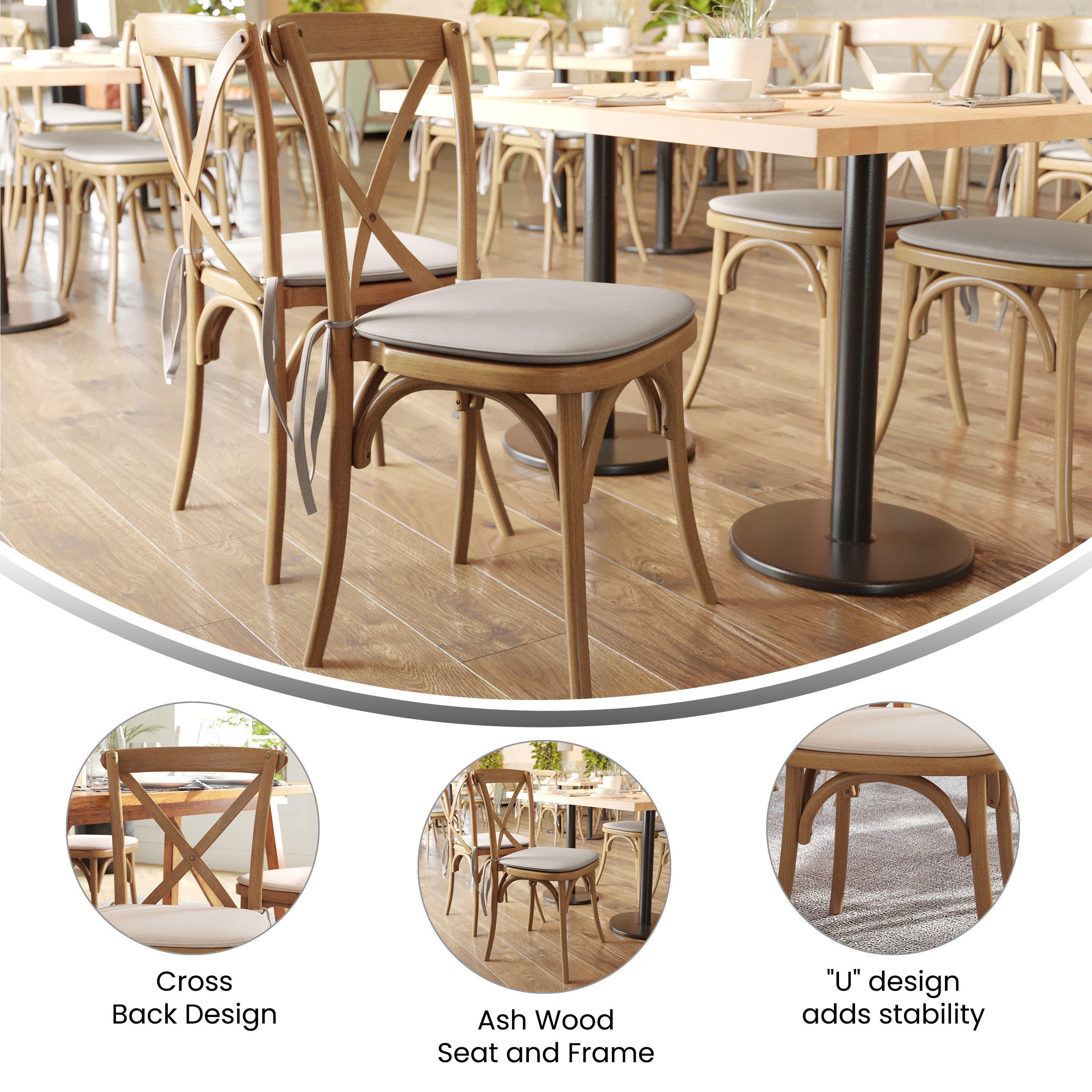HERCULES Series Stackable Pecan Wood Cross Back Chair with Cushion