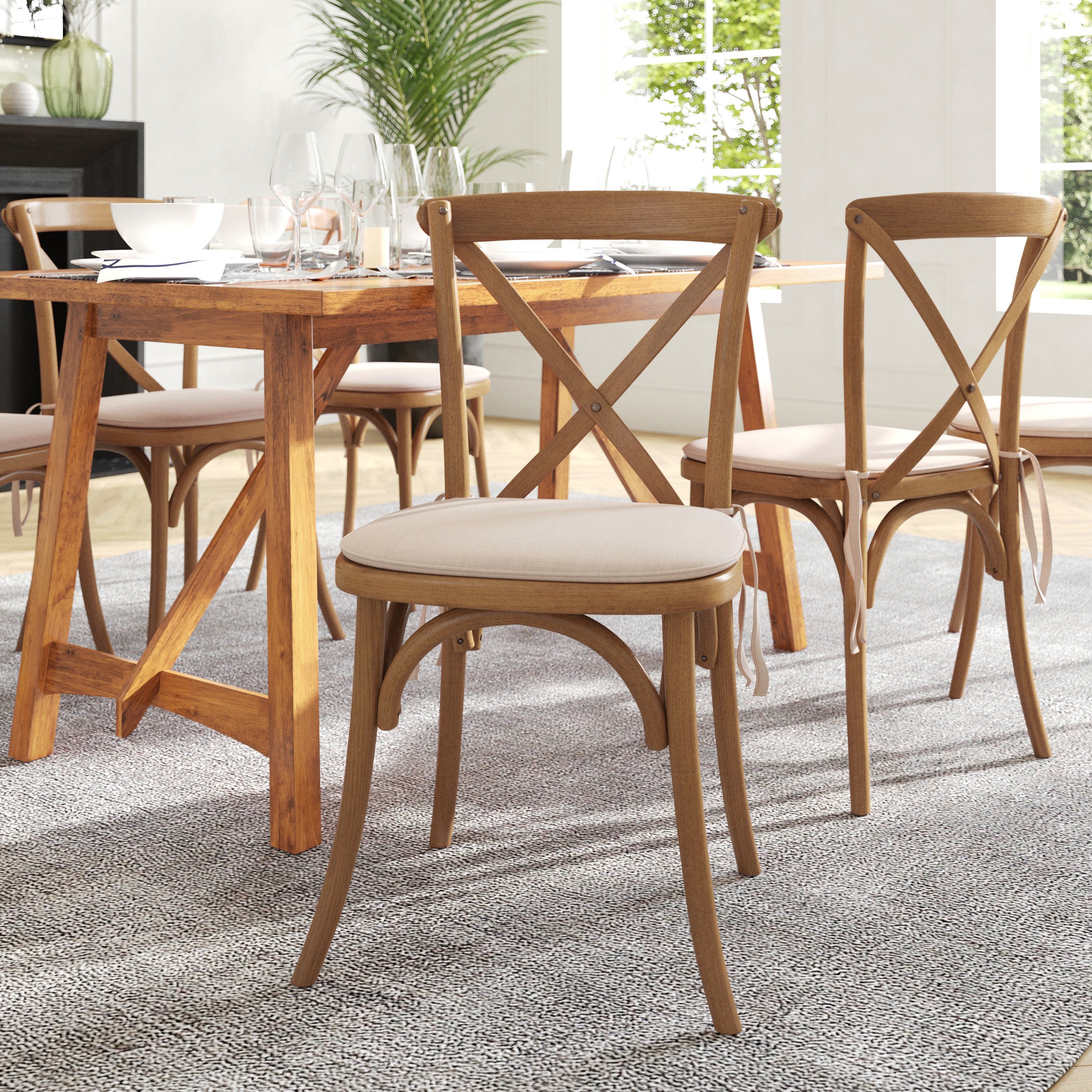 HERCULES Series Stackable Pecan Wood Cross Back Chair with Cushion