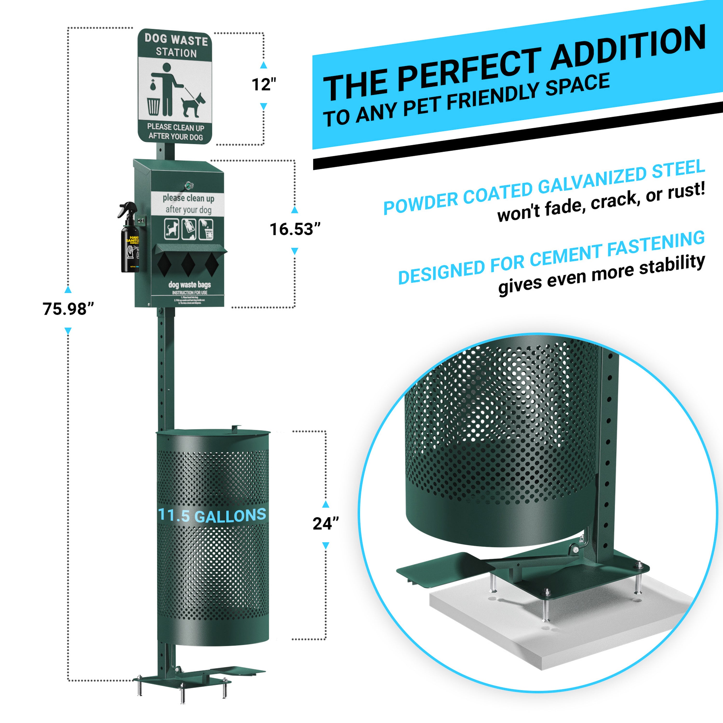 Kessler Pet Waste Station with Pedal Trash Can, Glow in the Dark Sign, Roll Bag Dispenser, Hand Sanitizer Bottle with 600 Waste Bags and 50 Can Liners
