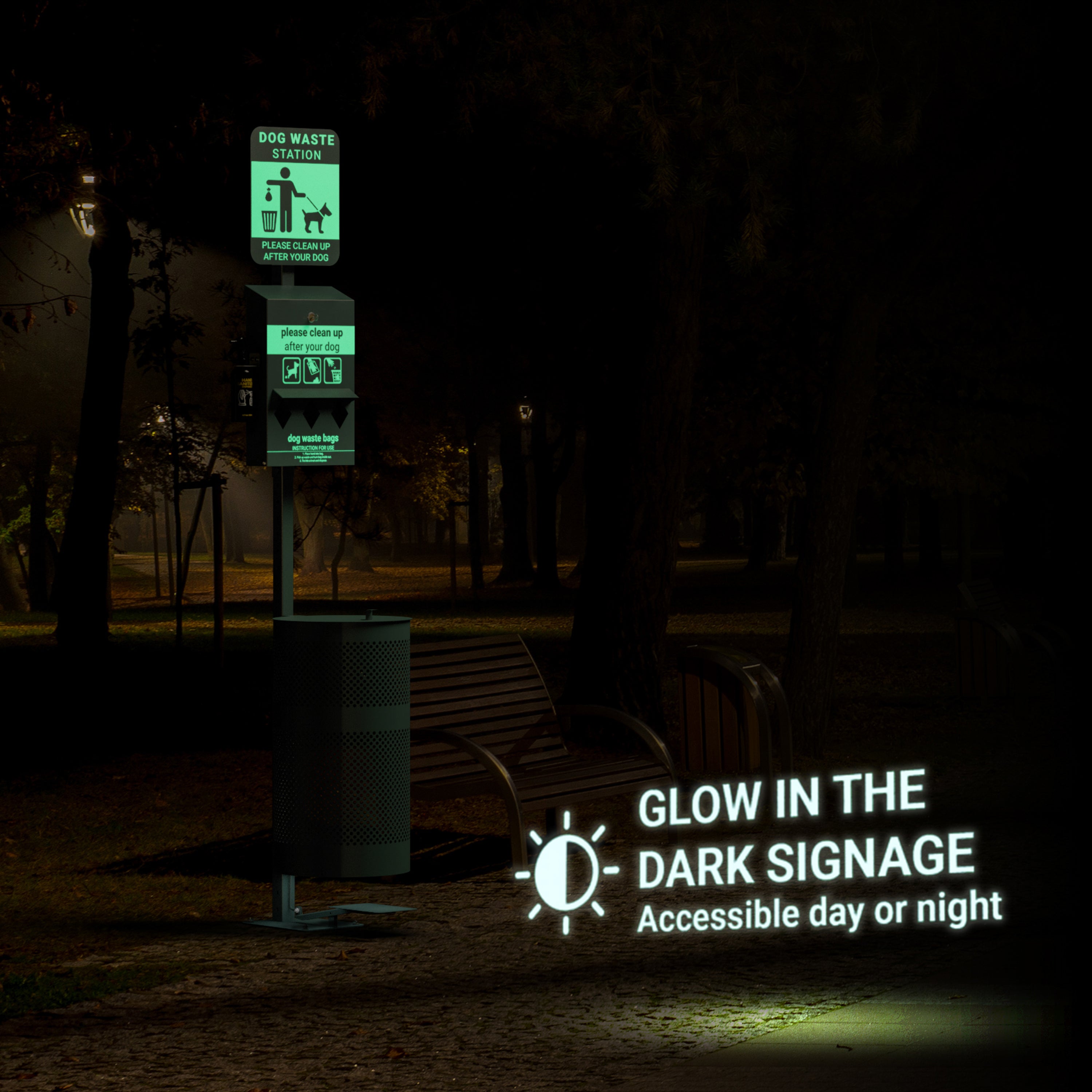 Kessler Pet Waste Station with Pedal Trash Can, Glow in the Dark Sign, Roll Bag Dispenser, Hand Sanitizer Bottle with 600 Waste Bags and 50 Can Liners