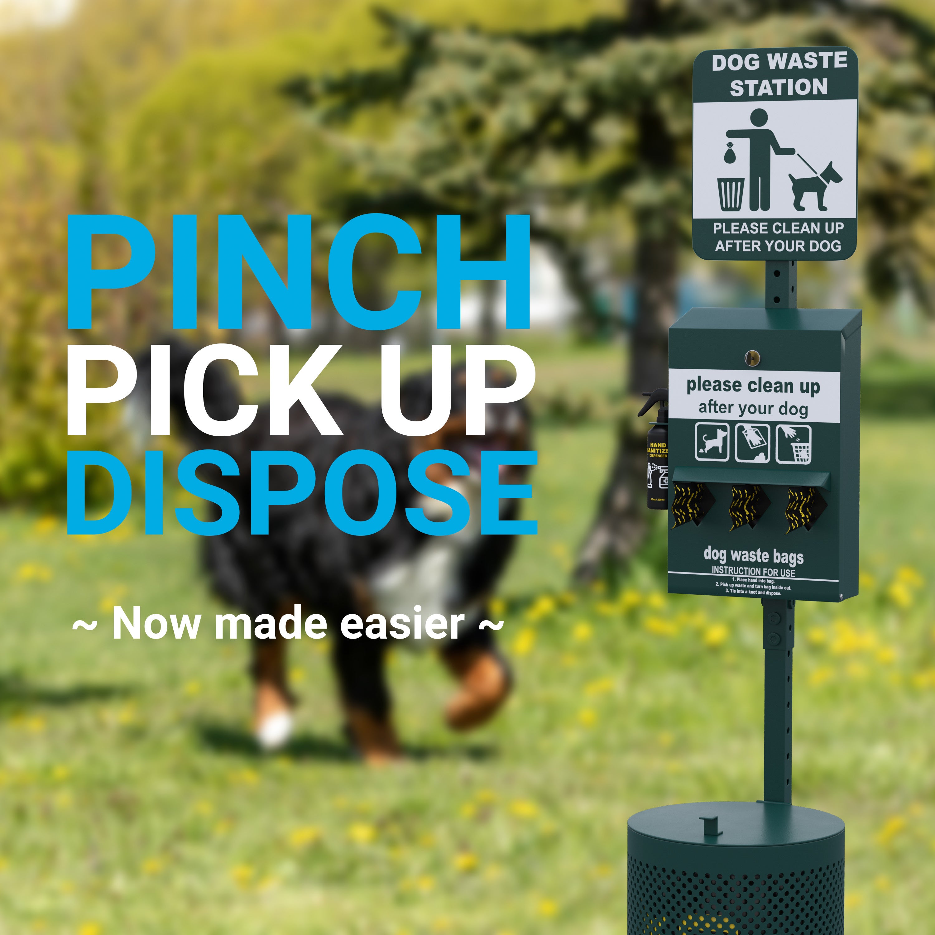 Kessler Pet Waste Station with Pedal Trash Can, Glow in the Dark Sign, Roll Bag Dispenser, Hand Sanitizer Bottle with 600 Waste Bags and 50 Can Liners