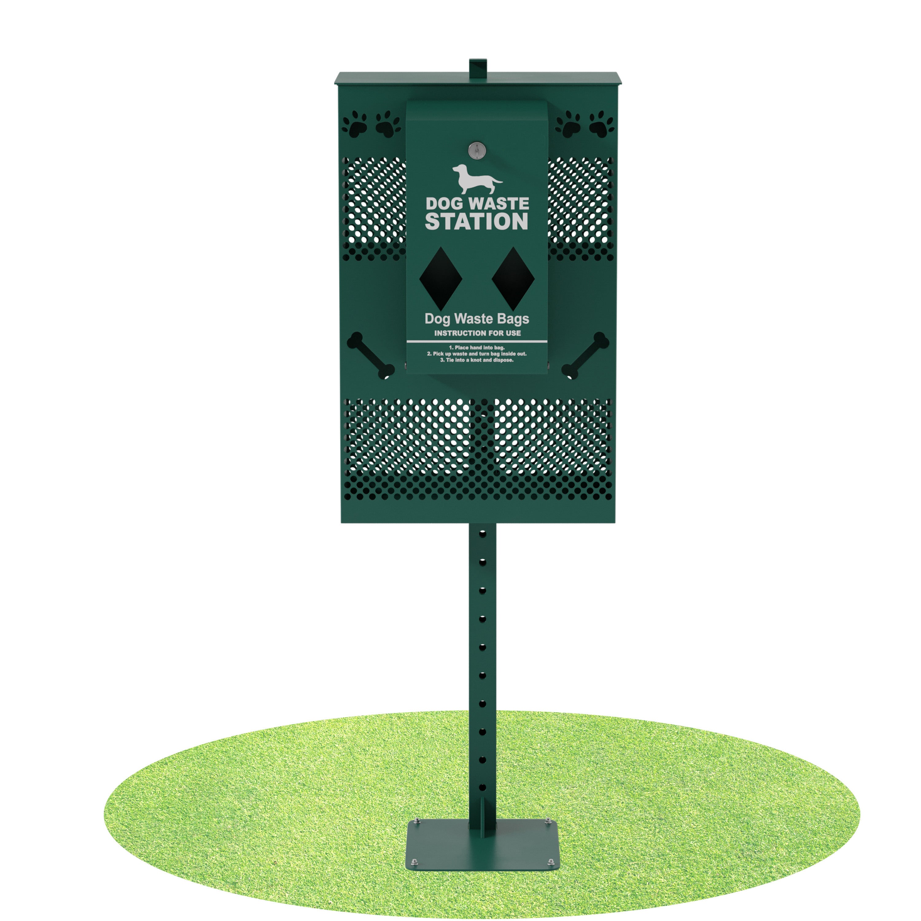 Kessler Compact Dog Waste Station with Rectangular Lidded Trash Can and Locking Roll Waste Bag Dispenser in Green