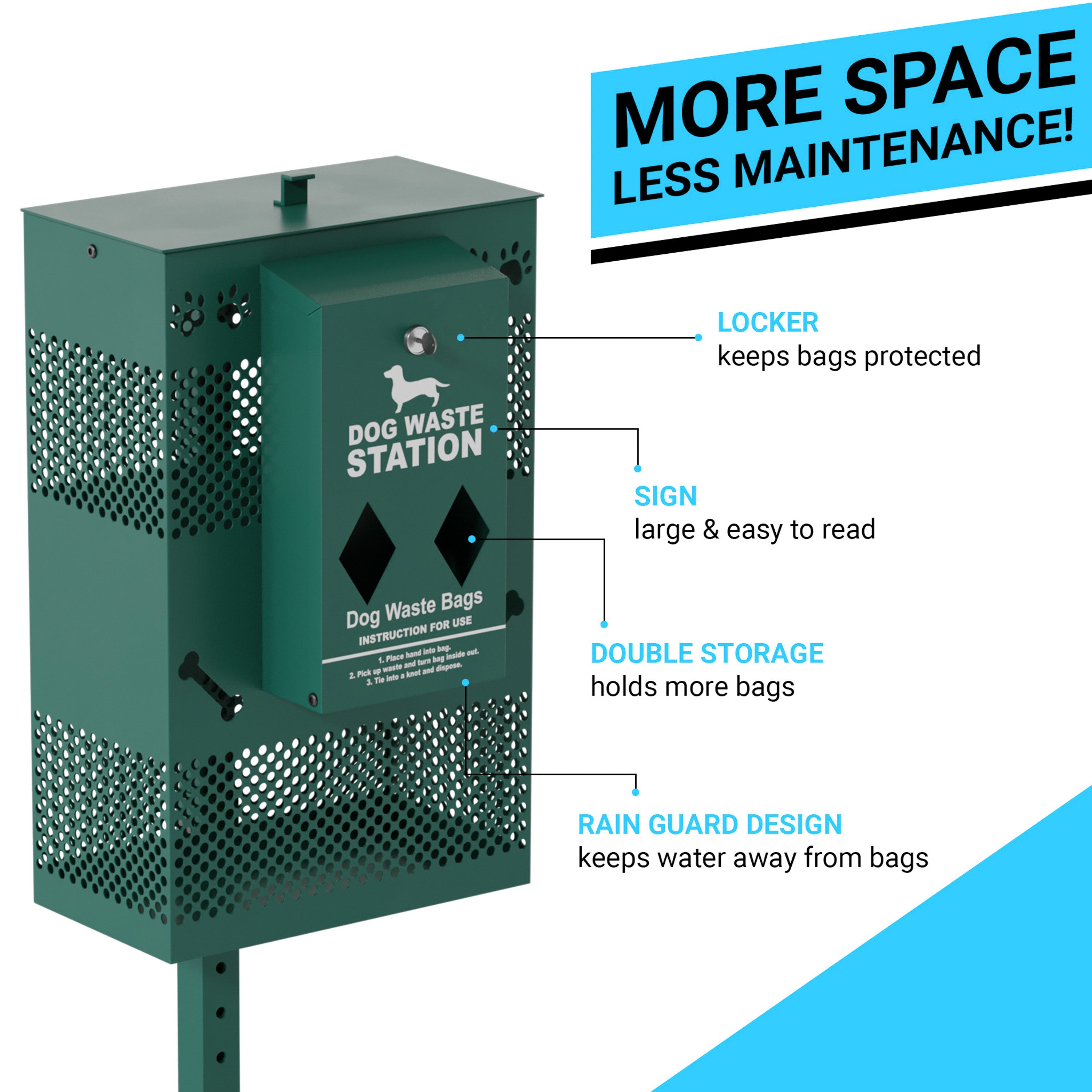 Kessler Compact Dog Waste Station with Rectangular Lidded Trash Can and Locking Roll Waste Bag Dispenser in Green