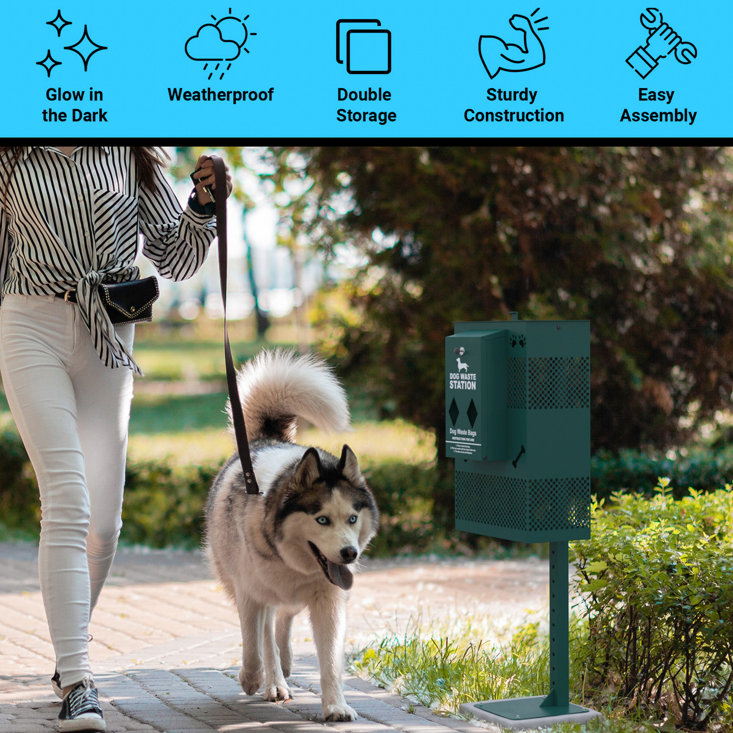 Kessler Compact Dog Waste Station with Rectangular Lidded Trash Can and Locking Roll Waste Bag Dispenser in Green