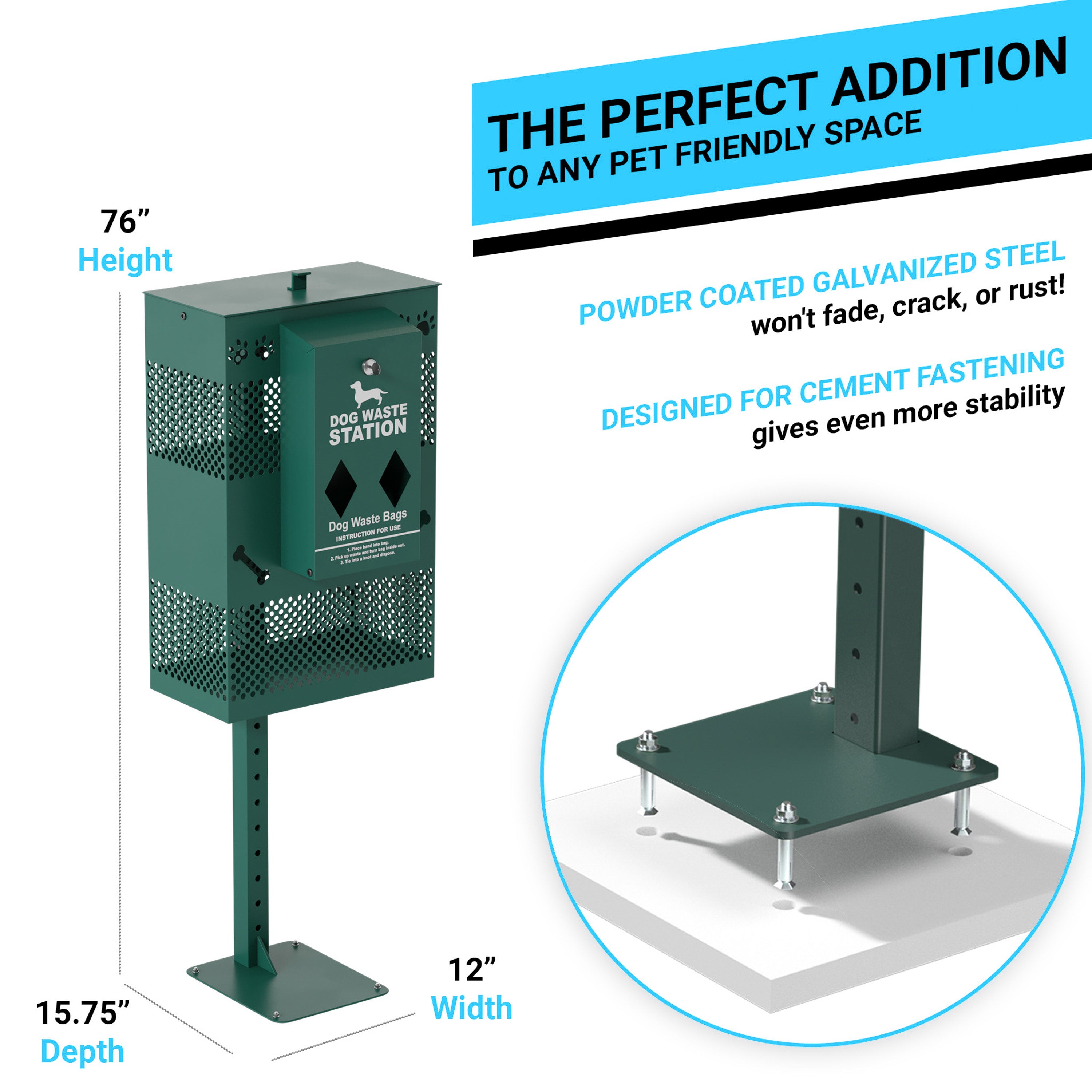 Kessler Compact Dog Waste Station with Rectangular Lidded Trash Can and Locking Roll Waste Bag Dispenser in Green